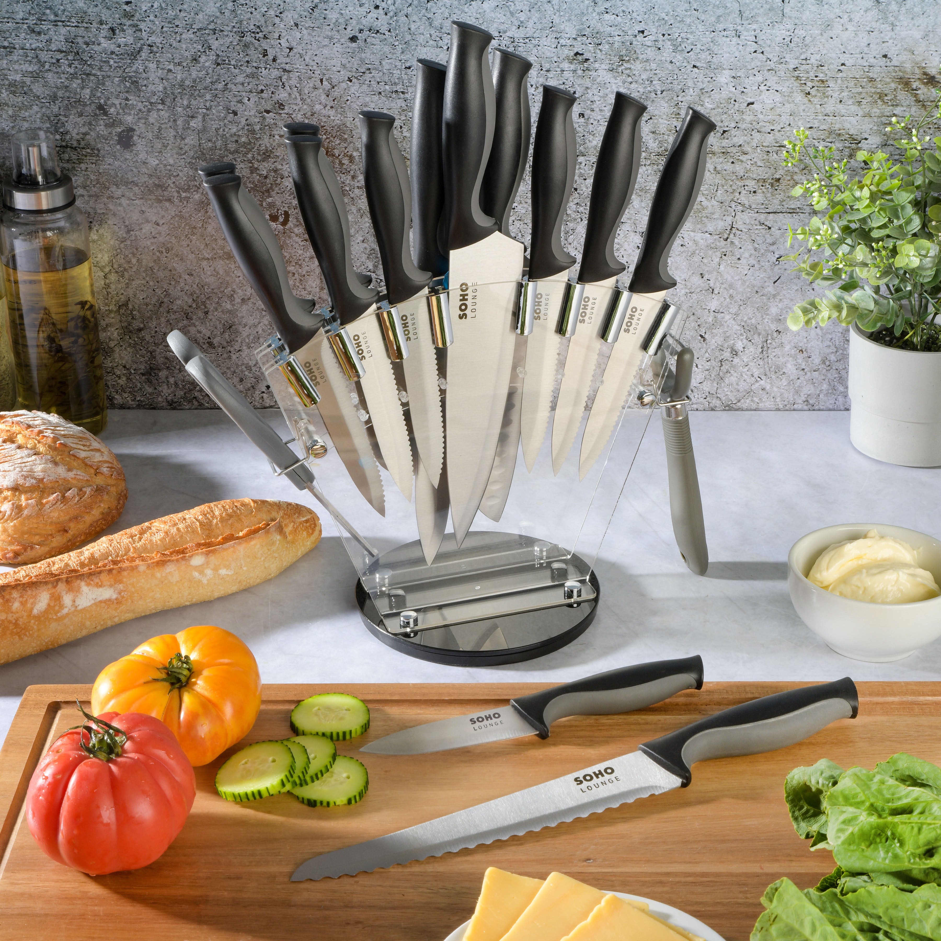 Gibson Soho Lounge 16-Piece Stainless Steel Kitchen Cutlery Knife Set w/ Acrylic Stand