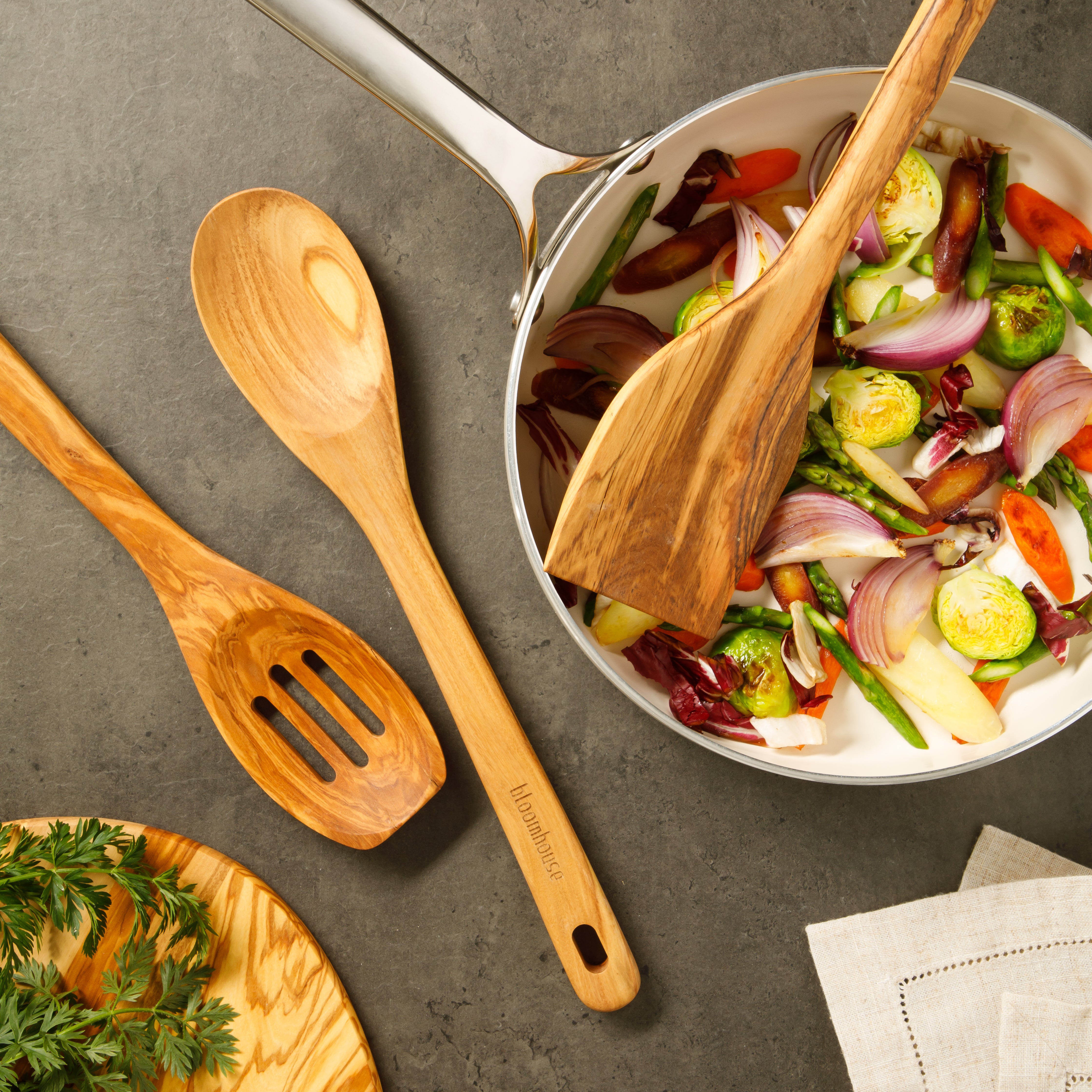 Bloomhouse Italian Olive Wood 3 Piece Extra-Large 14 Inch Turner, Spoon, and Slotted Spoon Set
