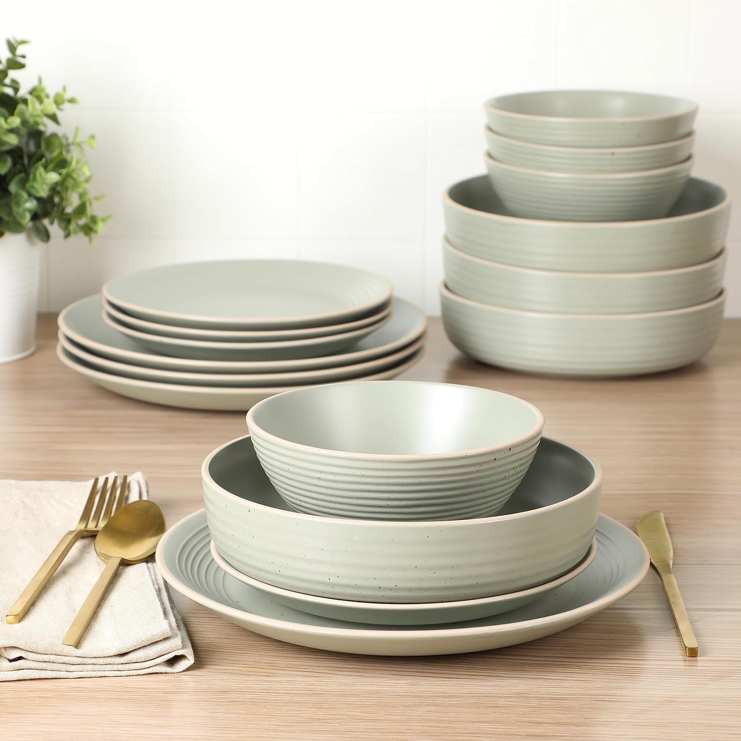 Gibson Home Dinah 16 Piece Double Bowl Stoneware Embossed Speckled Dinnerware Set - Matte Black, White, or Sage Green