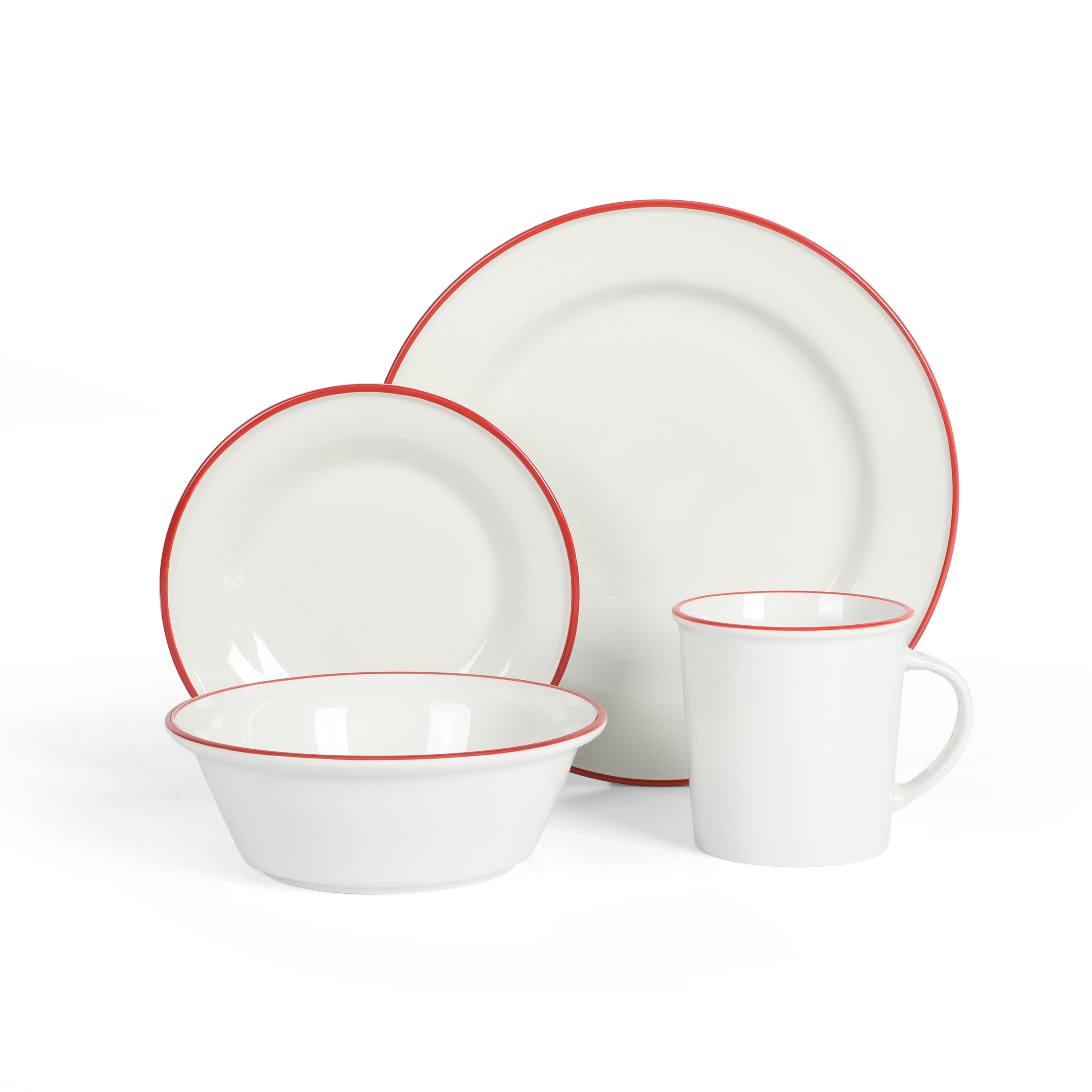 Martha Stewart Cliffield - Juego de vajilla de porcelana de 16 piezas,  color blanco con borde rojo, servicio para 4 (16 piezas)