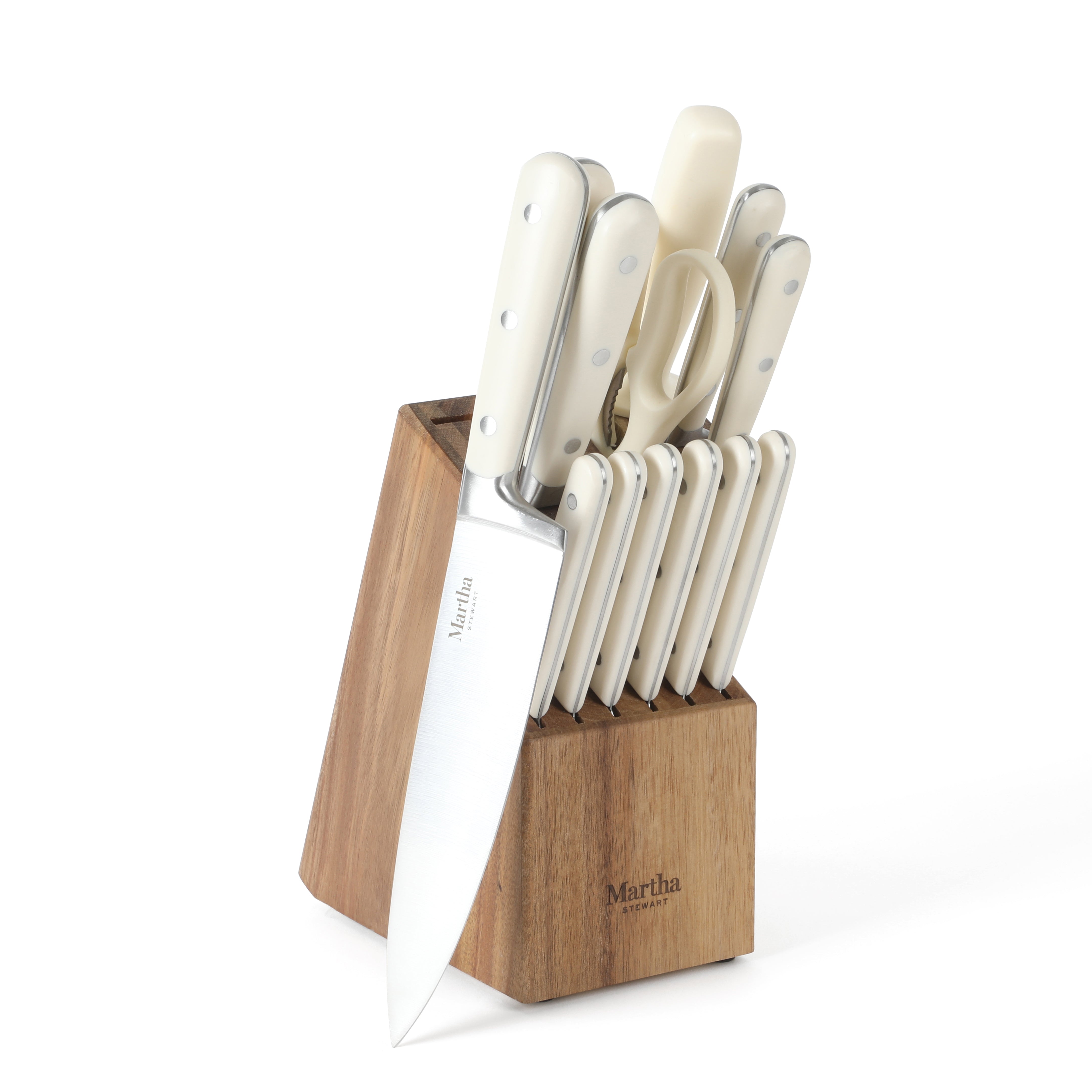 Martha Stewart Eastwalk 14-Piece Stainless Steel Cutlery Set w/ ABS Triple Riveted Forged Handle Acacia Wood Block