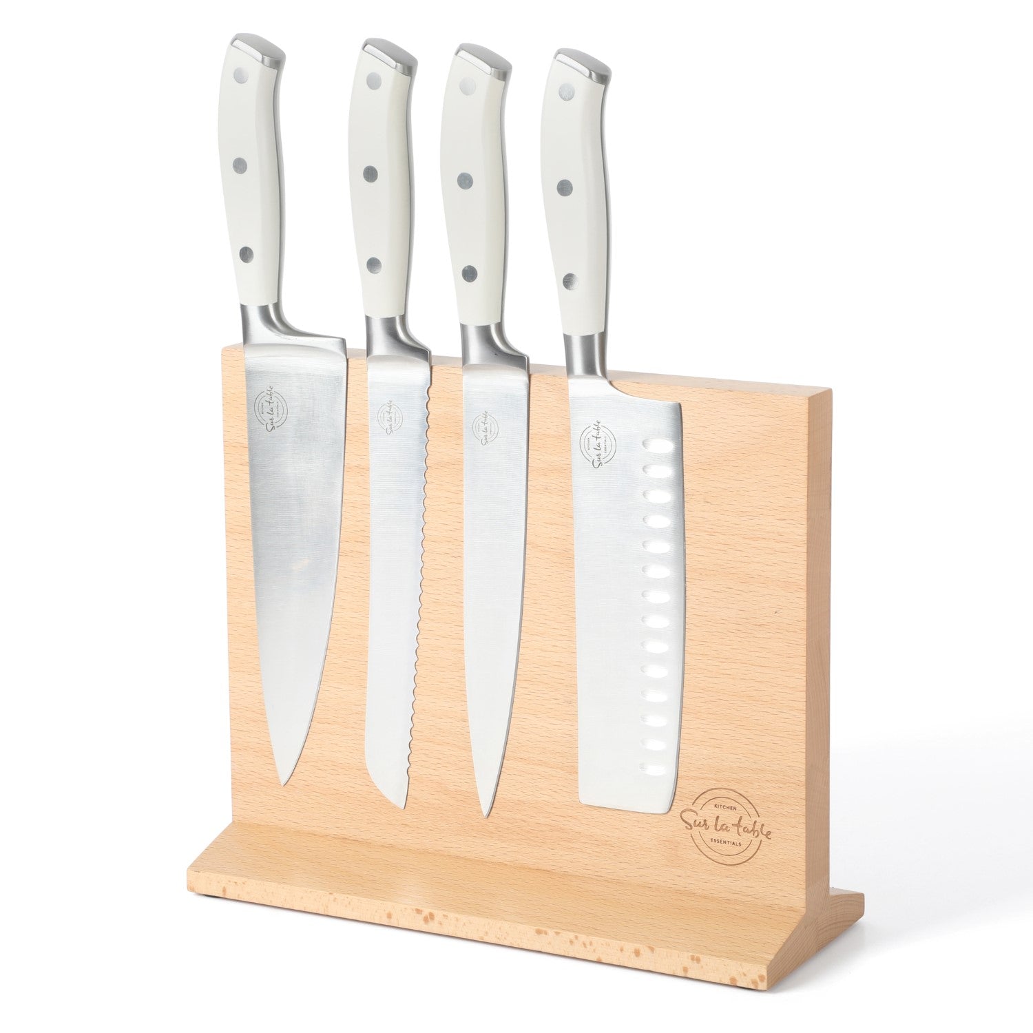Sur La Table Kitchen Essentials 5-Piece German Steel Blade With Triple Riveted Handle Set on Beechwood Magnetic Block