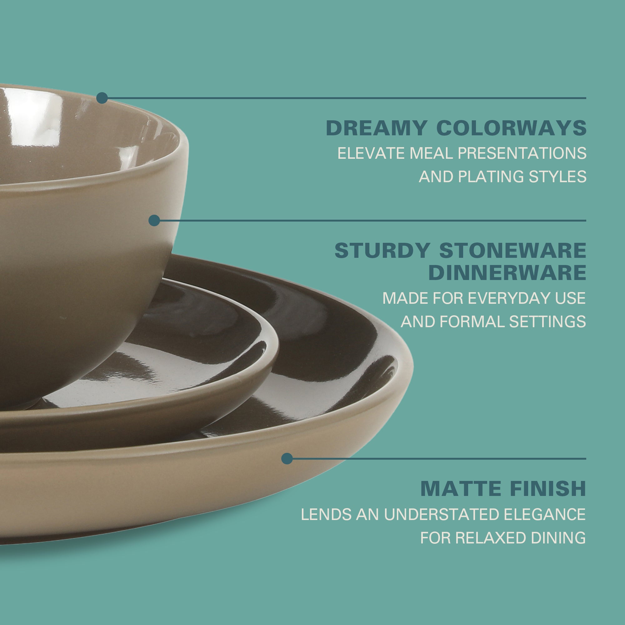 Gibson Home Rockaway 12 Piece Plates and Bowls Matte Outside/Shiny Inside Glaze Service for 4 Dinnerware Set - Brown - Dishwasher and Microwave Safe