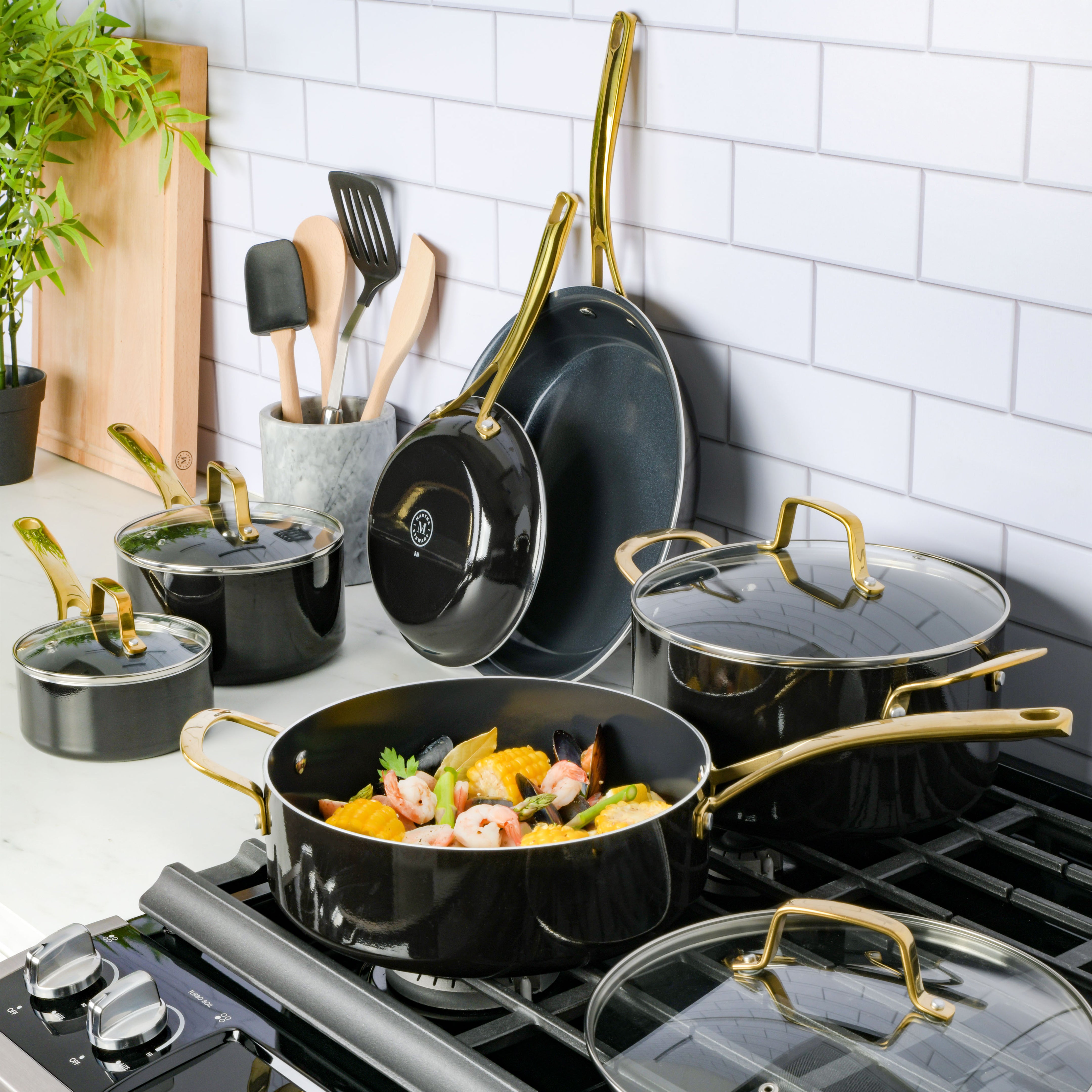 Martha Stewart Lockton 14-Piece Heavy-Gauge Premium Non-Stick Aluminum Cookware Combo Set (Pots, Pans, and Tools)