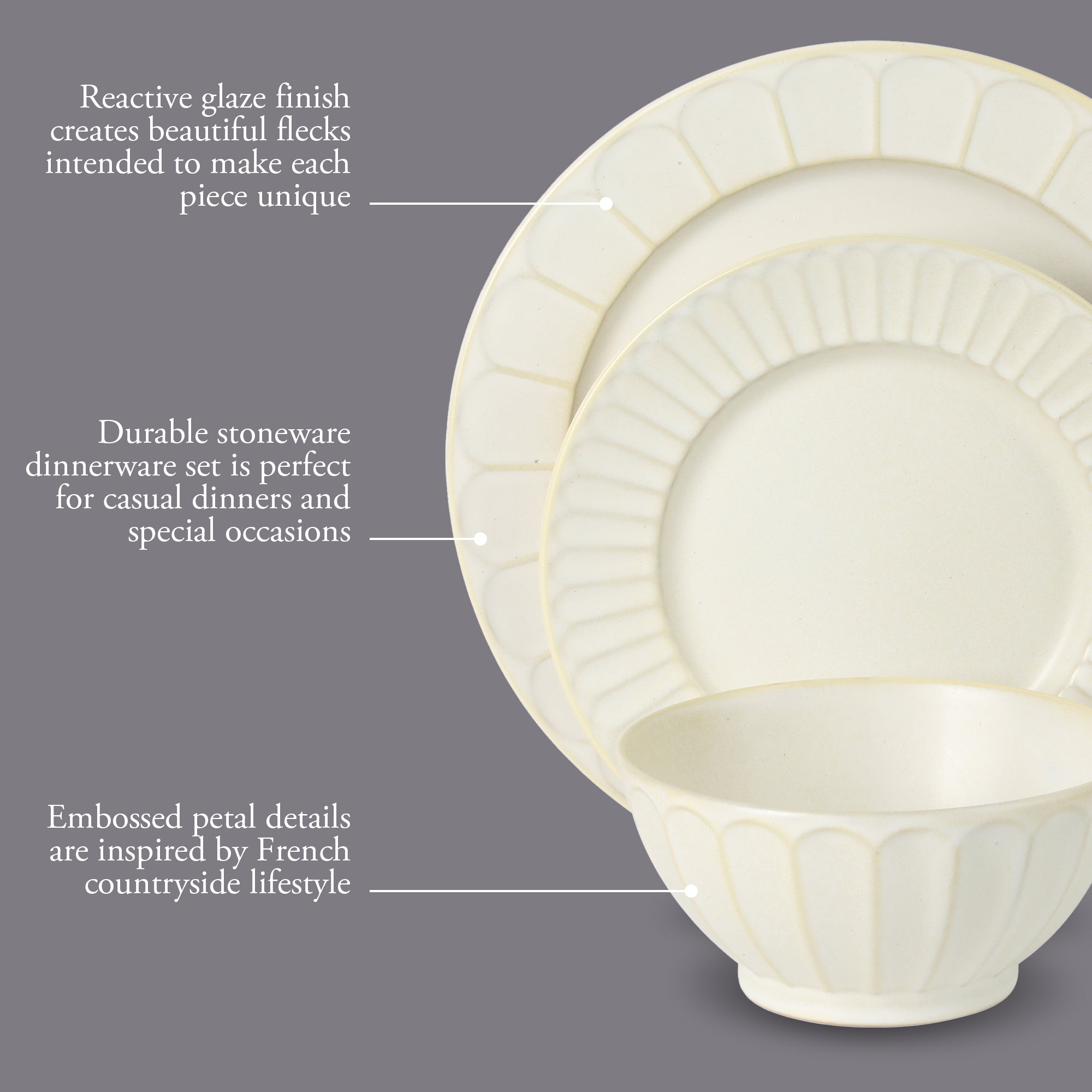 Gibson Elite Winchester Way 12-Piece Embossed Stoneware Dinnerware Set – Reactive Matte Glaze, Durable Lightweight-Tech Plates & Bowls, Everyday Dish Set, Microwave & Dishwasher Safe – Off-White