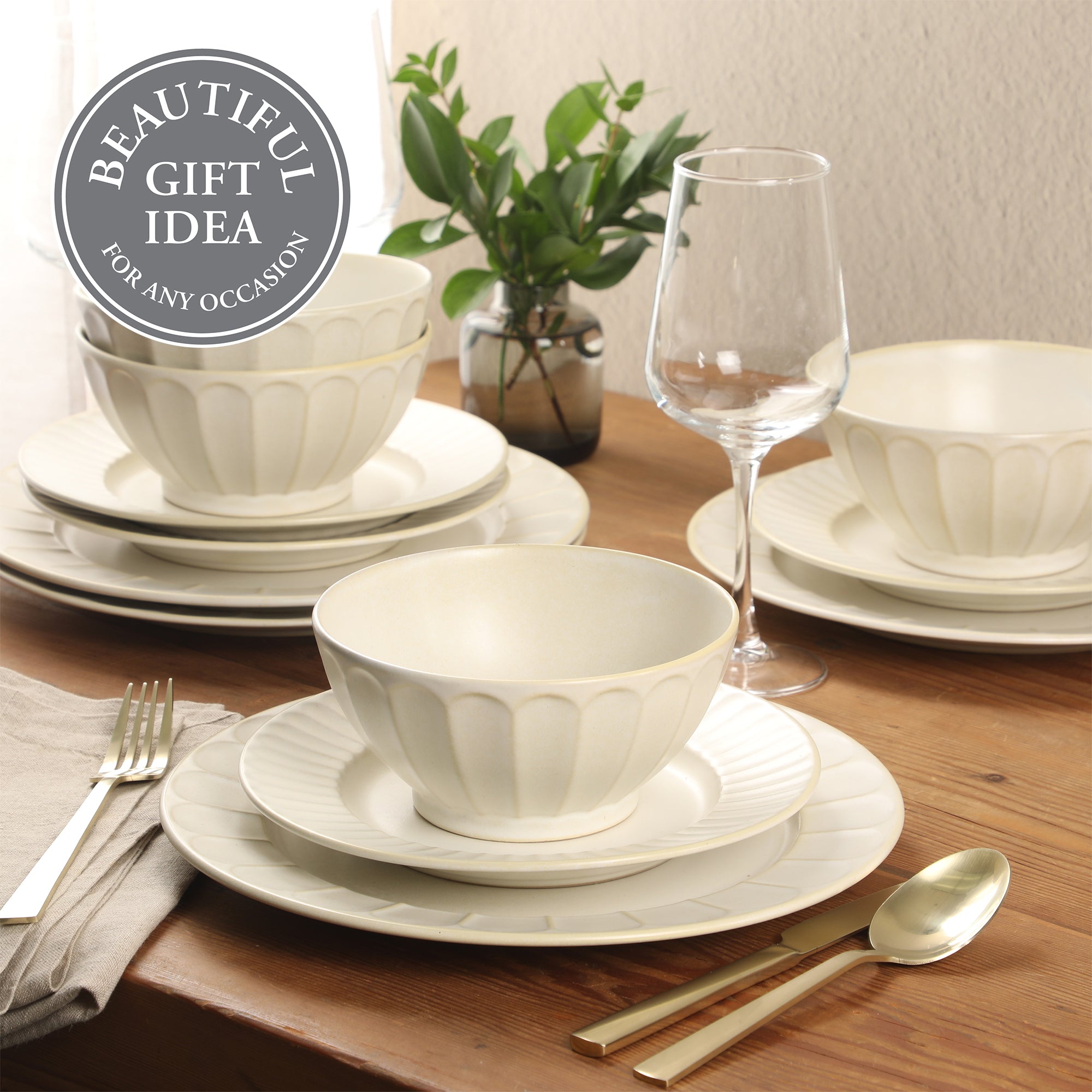 Gibson Elite Winchester Way 12-Piece Embossed Stoneware Dinnerware Set – Reactive Matte Glaze, Durable Lightweight-Tech Plates & Bowls, Everyday Dish Set, Microwave & Dishwasher Safe – Off-White
