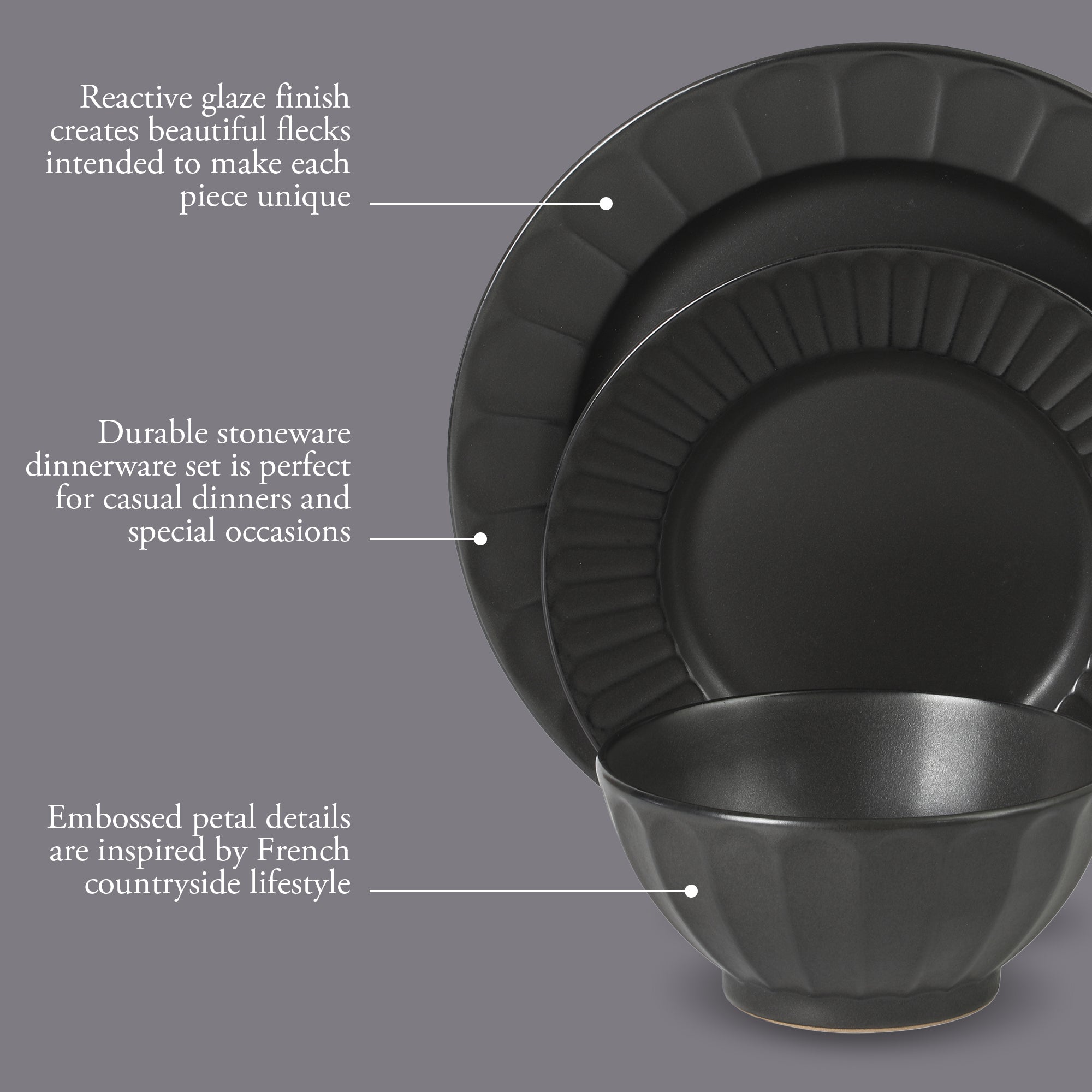 Gibson Elite Winchester Way 12-Piece Embossed Stoneware Dinnerware Set – Reactive Matte Glaze, Durable Lightweight-Tech Plates & Bowls, Everyday Dish Set, Microwave & Dishwasher Safe – Off-White