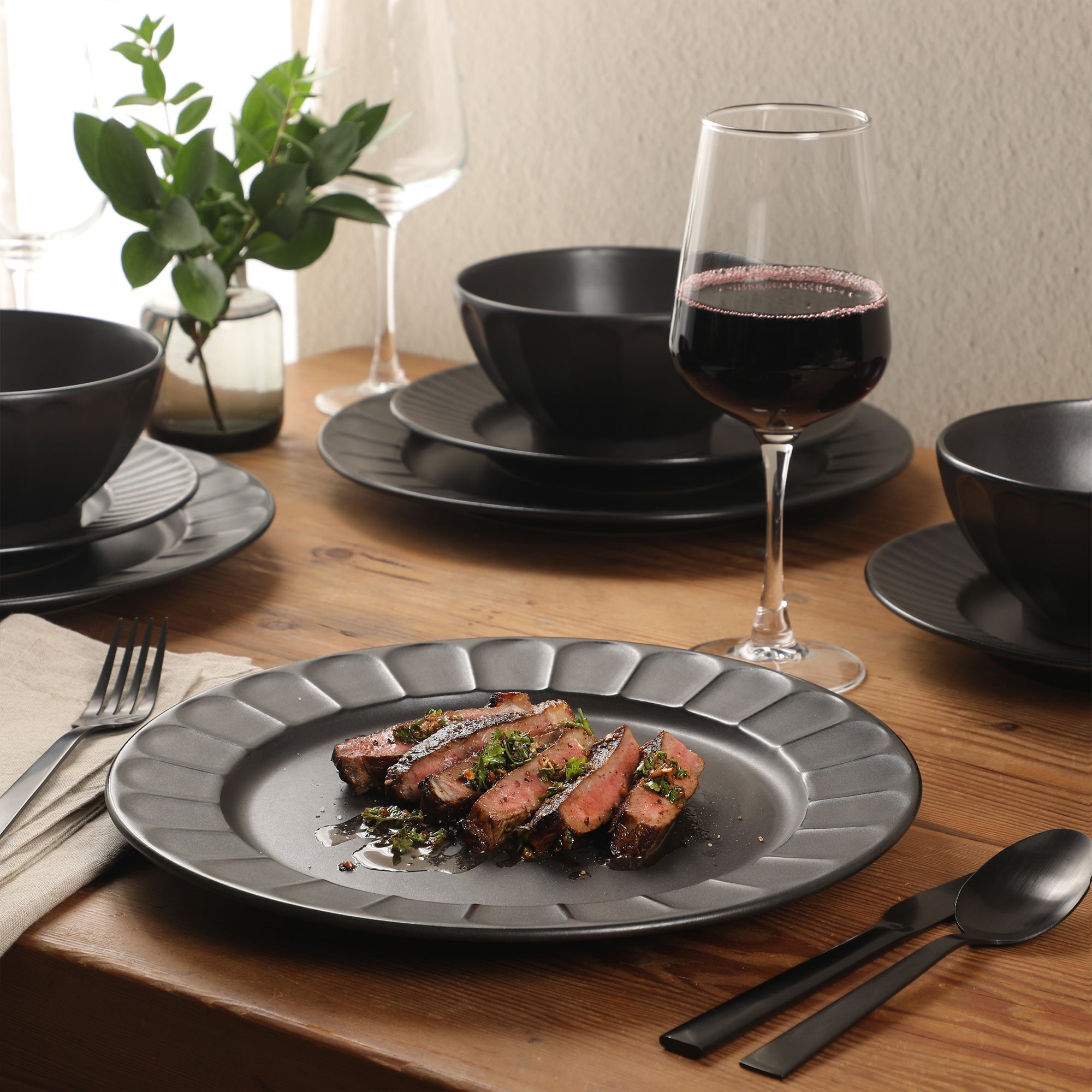 Gibson Elite Winchester Way 12-Piece Embossed Stoneware Dinnerware Set – Reactive Matte Glaze, Durable Lightweight-Tech Plates & Bowls, Everyday Dish Set, Microwave & Dishwasher Safe – Off-White