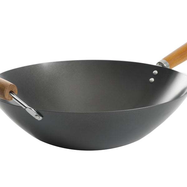 Classic Series 14-Inch Carbon Steel Flat Bottom Wok with Birch Handles