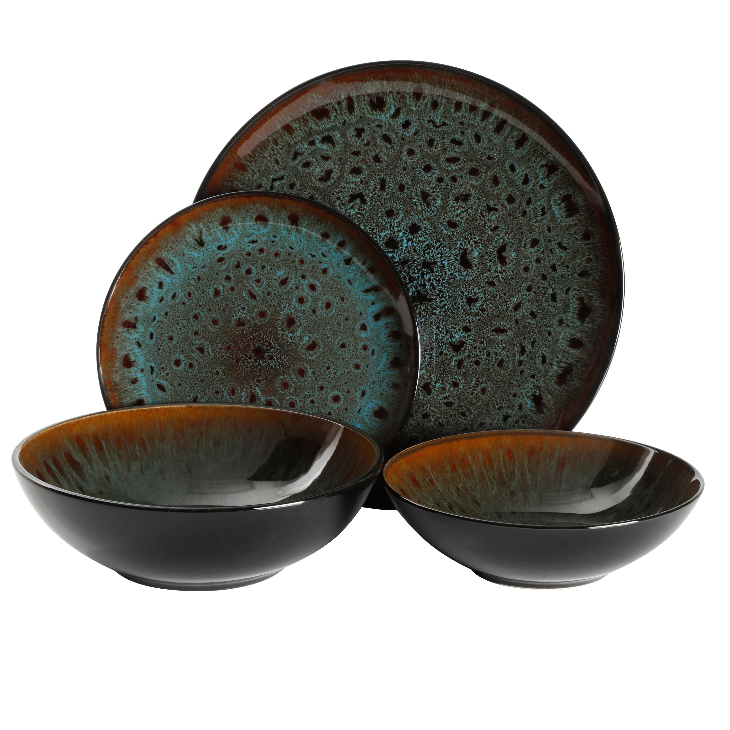 Gibson Elite Kyoto 16-Piece Double Bowl Reactive Stoneware Dinnerware Set - Teal