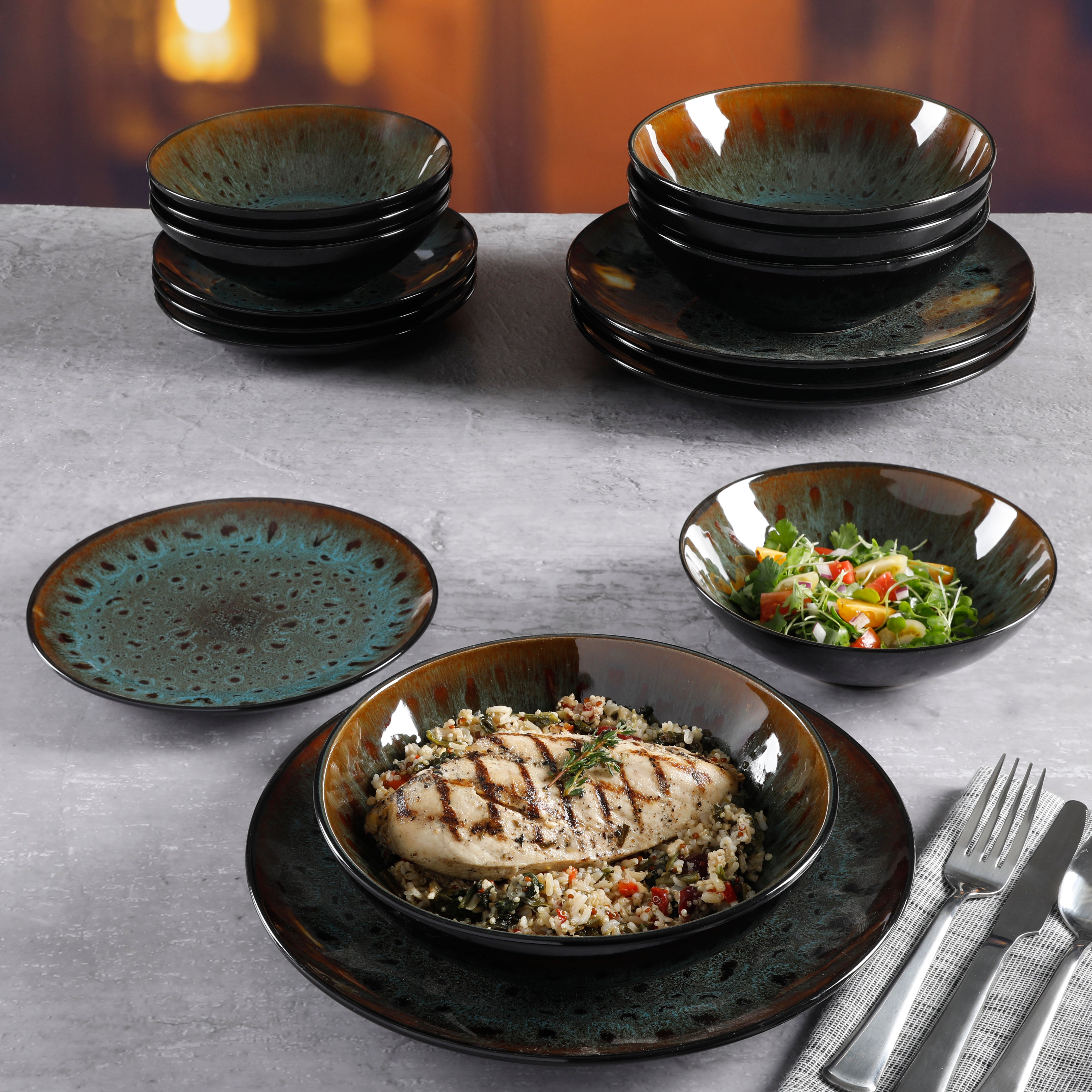 Gibson Elite Kyoto 16-Piece Double Bowl Reactive Stoneware Dinnerware Set - Teal