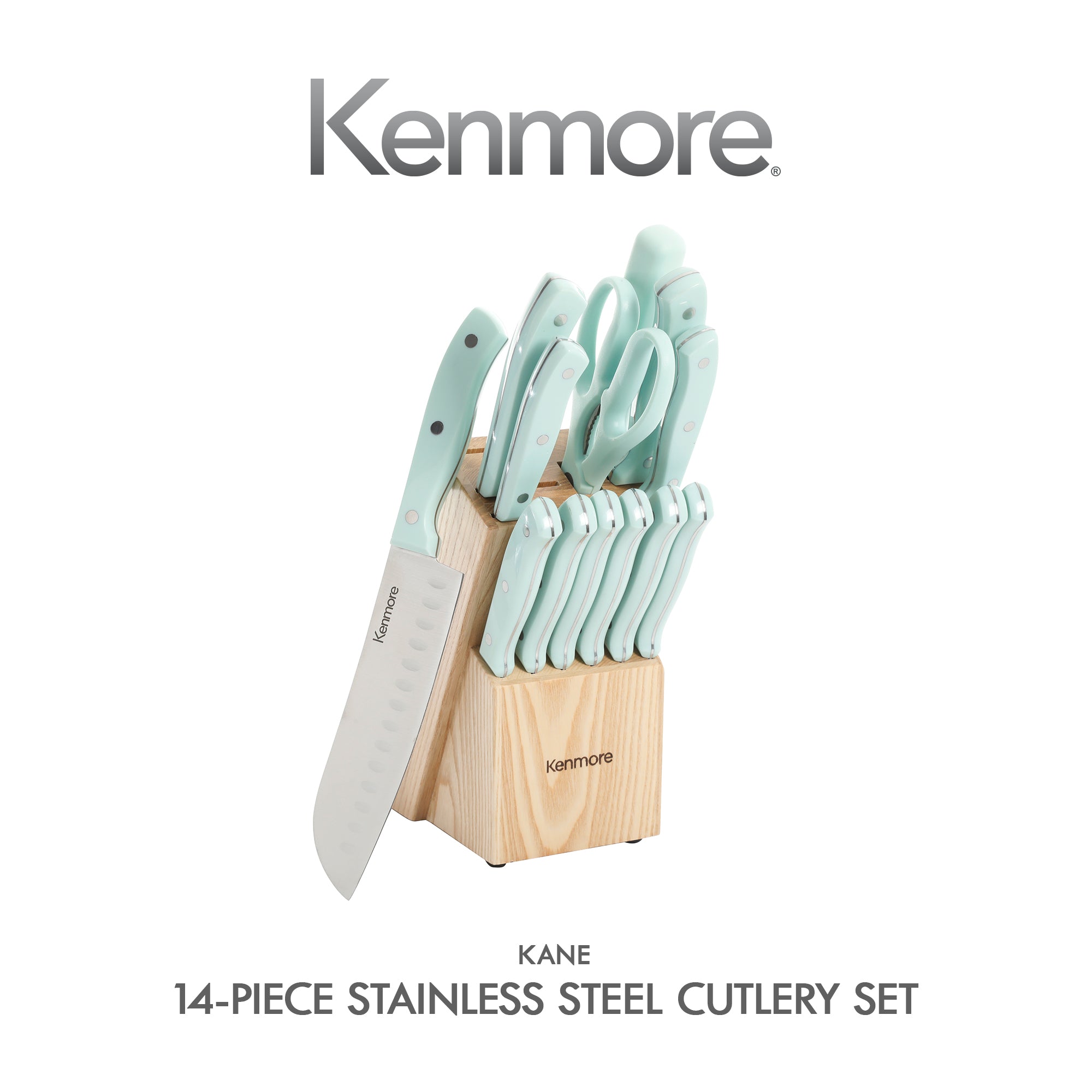Kenmore Kane 14-Piece Cutlery Set w/ Rubber Coated Wood Knife Block
