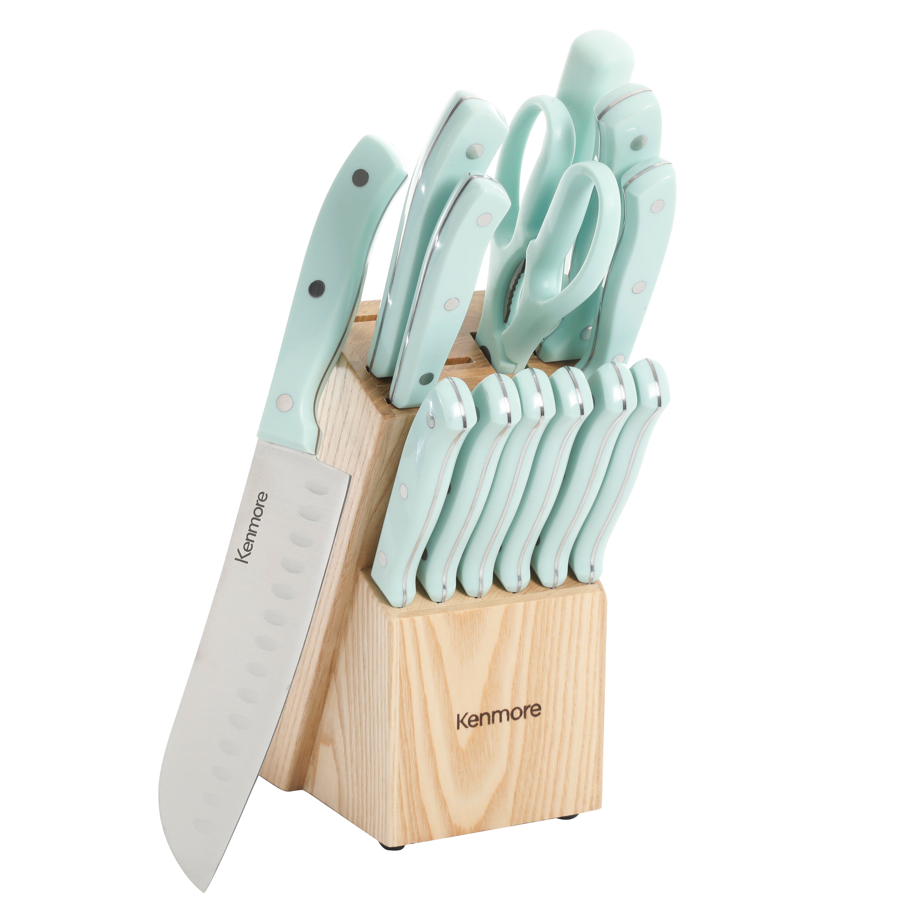 Kenmore Kane 14-Piece Cutlery Set w/ Rubber Coated Wood Knife Block