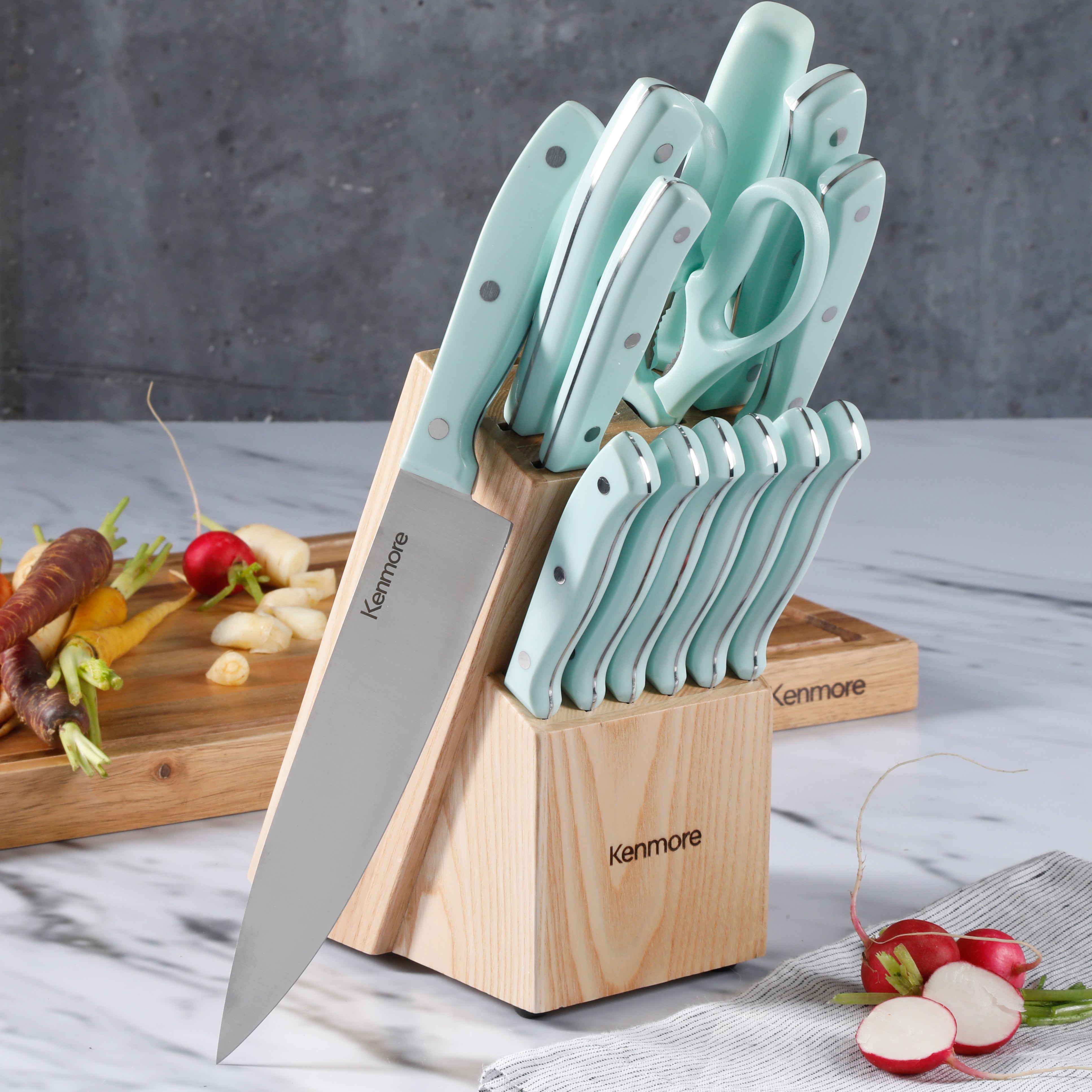Kenmore Kane 14-Piece Cutlery Set w/ Rubber Coated Wood Knife Block