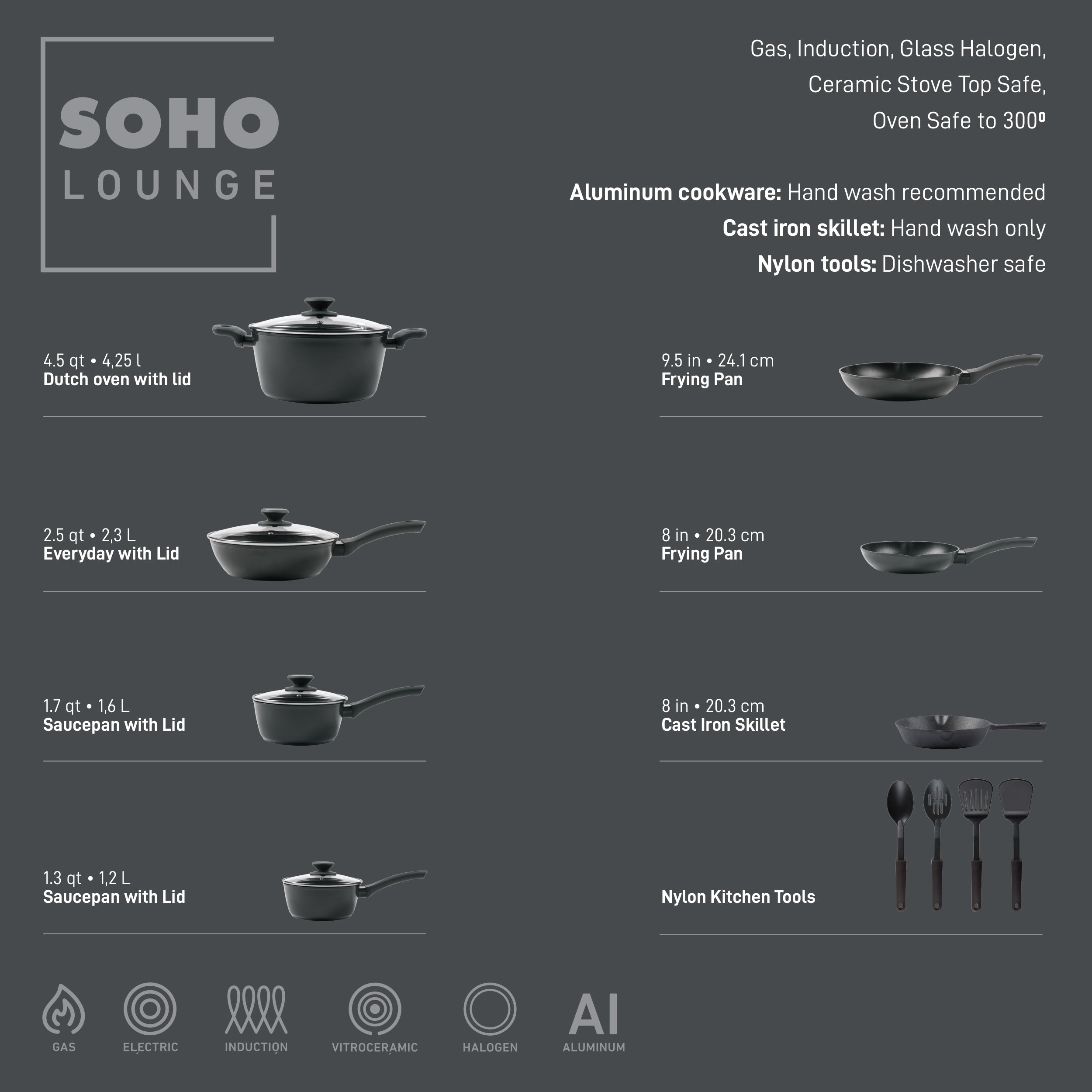 Gibson Soho Lounge 15-Piece Aluminum Cookware Set w/ Bakelite Handles and Glass Lids