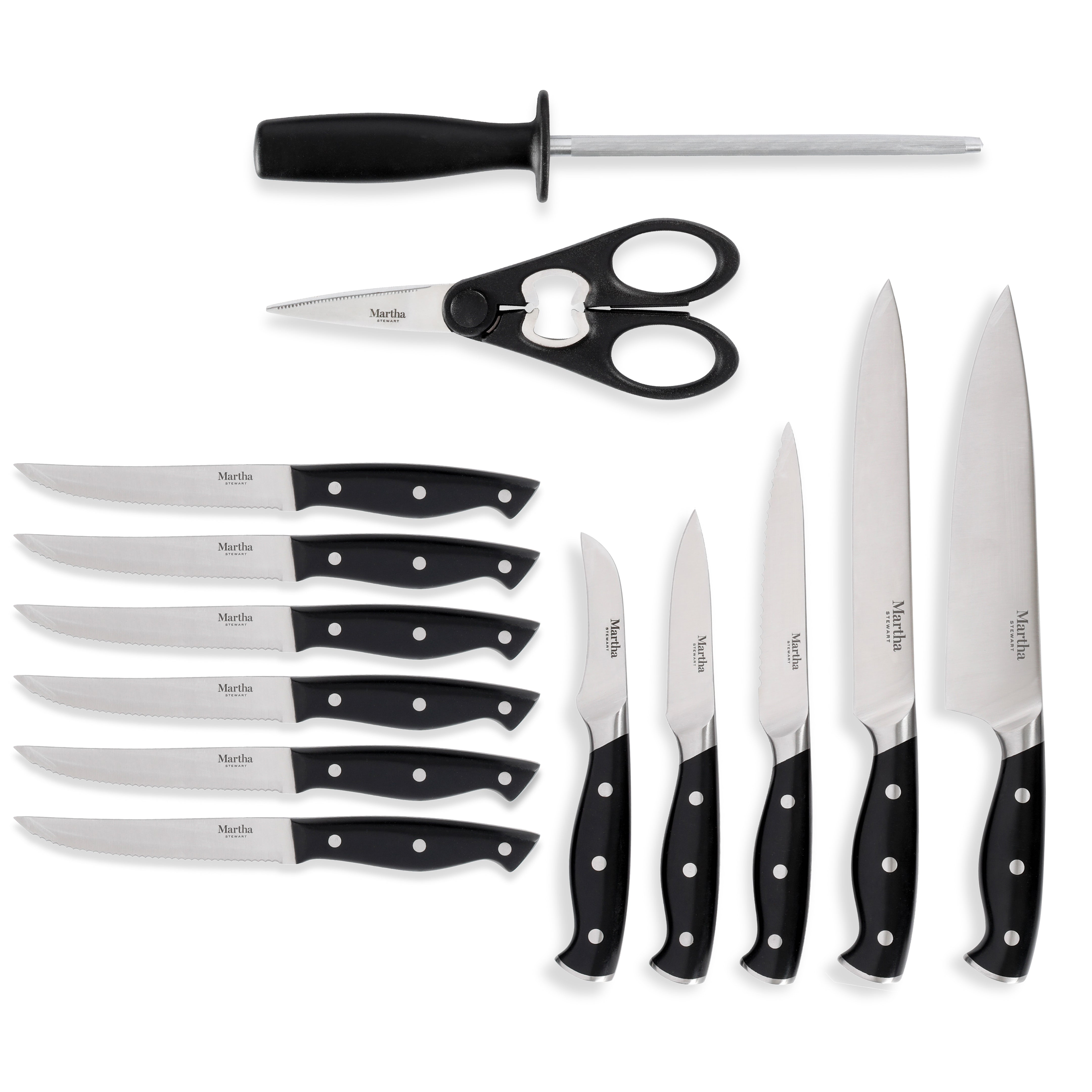 Martha Stewart Greeley 14-Piece Triple-Riveted Cutlery Knife Acacia Wood Block Set w/ Comfort Grip Handles