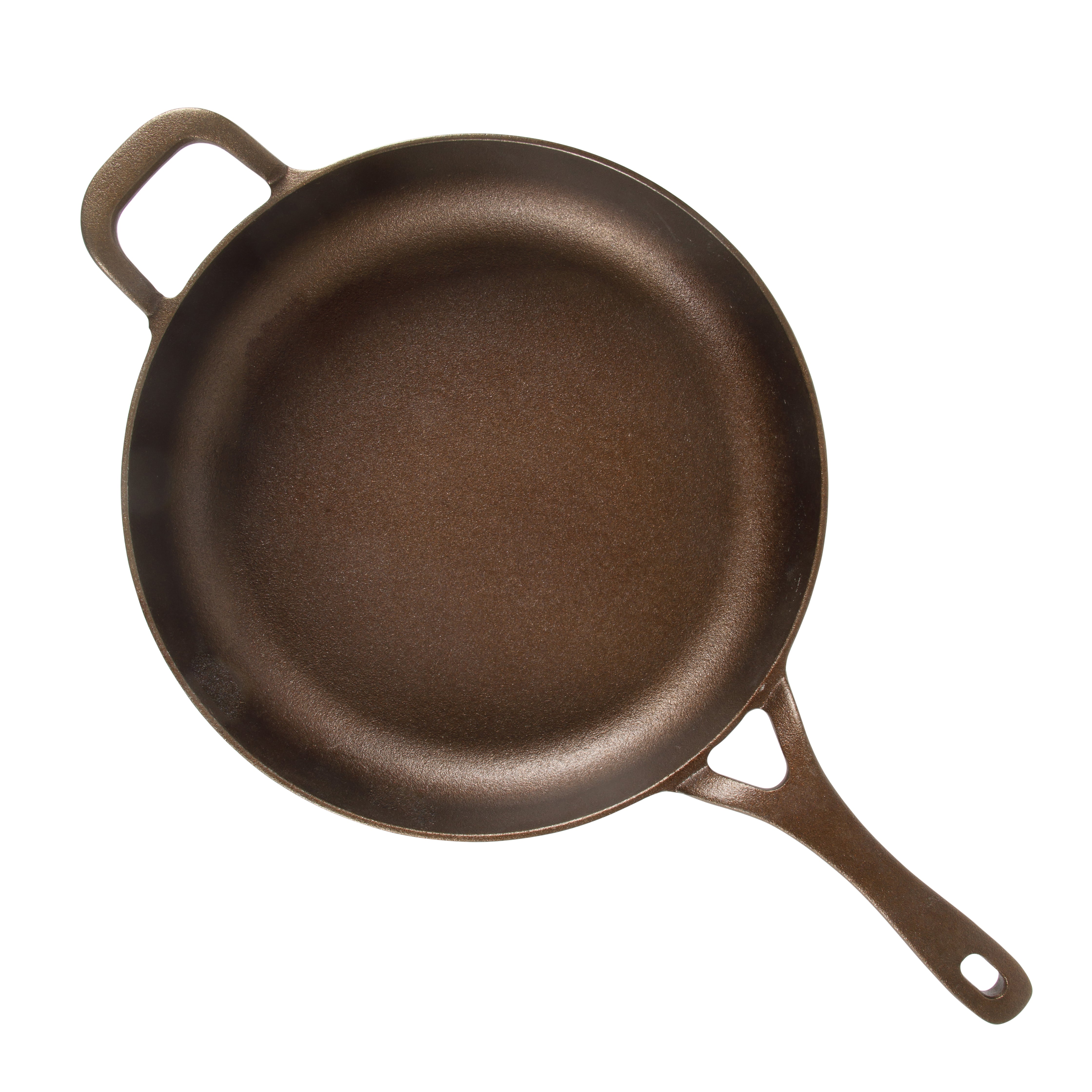 Bloomhouse Natural Bronze Finish Cast Iron Skillet with Long Handle, Helper Handle & Olive Wood Trivet – Olive Oil Treated Fry Pan, Oven & Stovetop Safe