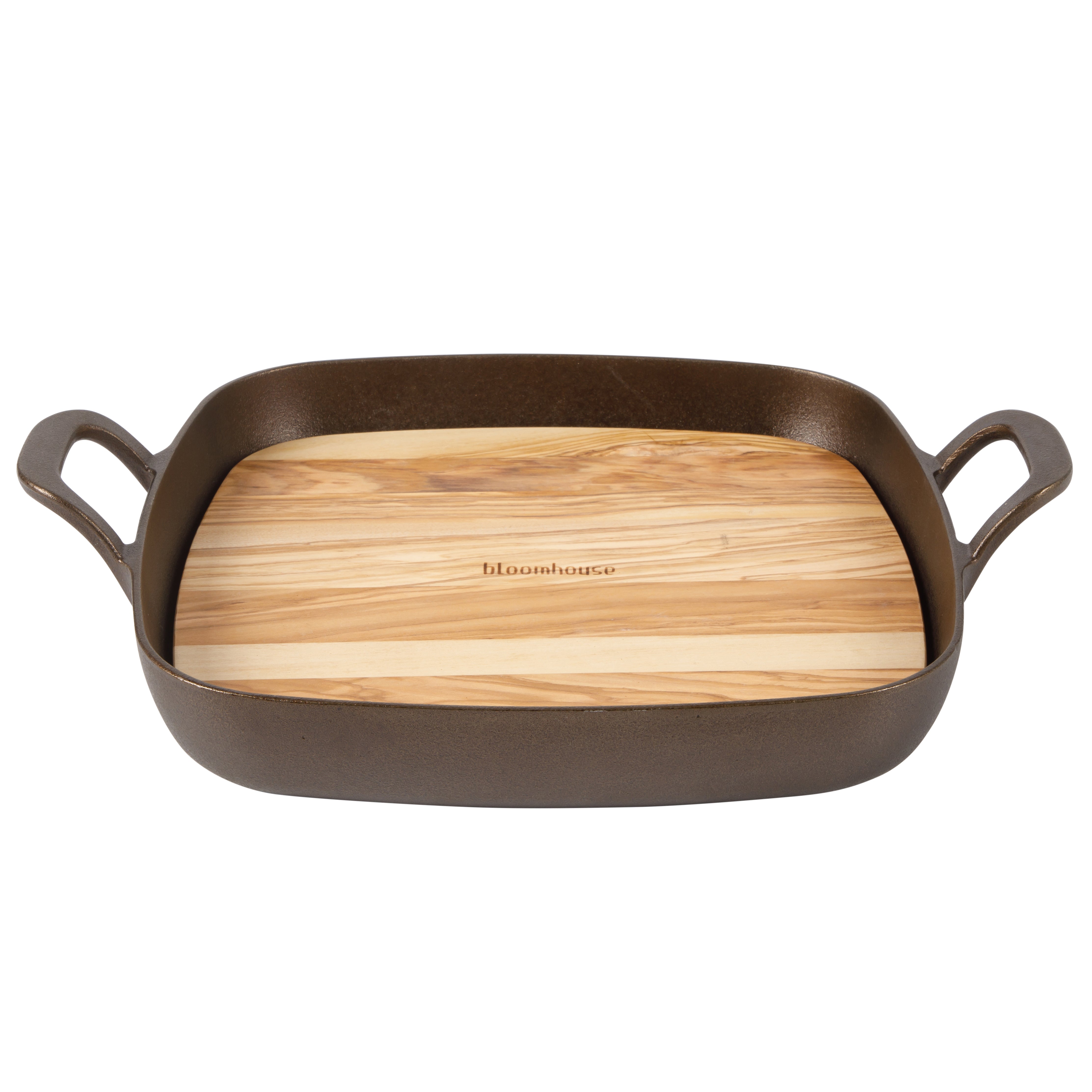 Bloomhouse Natural Bronze Finish 12-Inch Square Cast Iron Grill Pan – Olive Oil Treated Surface with Dual Handles & Olive Wood Trivet, Oven, Grill & Campfire Safe