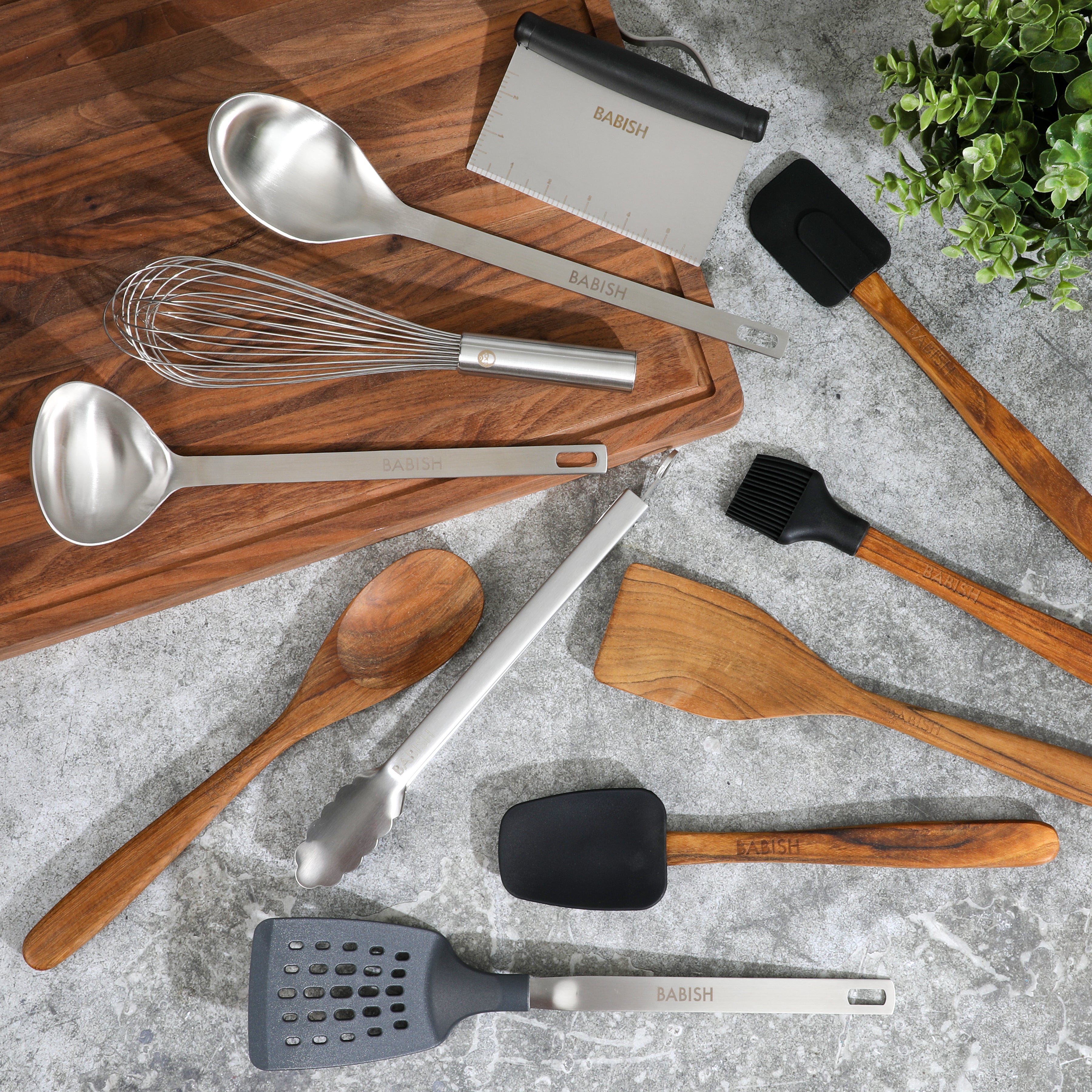 Babish 11 Piece Essential Wood, Silicone, and Stainless Steel Tool Set
