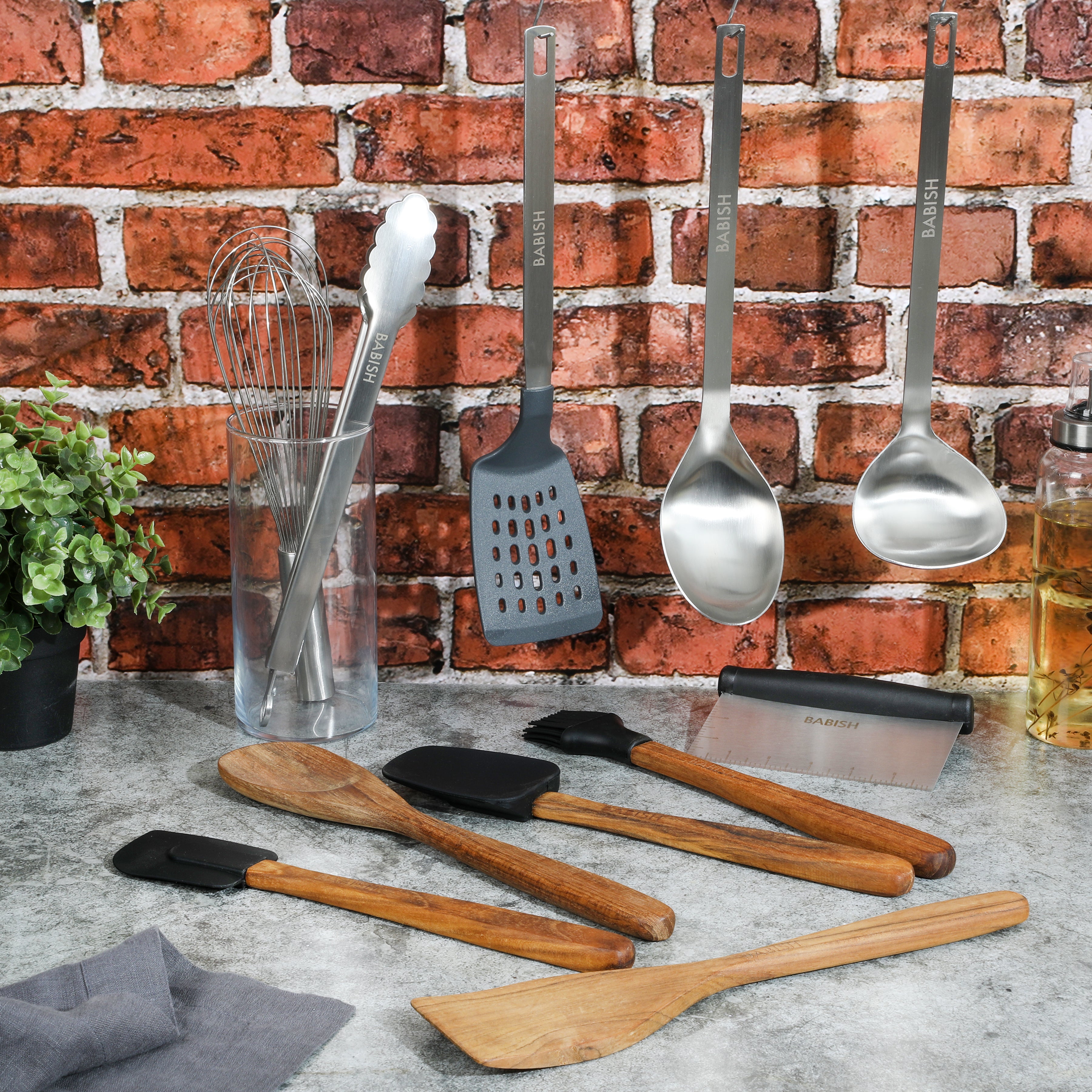 Babish 11 Piece Essential Wood, Silicone, and Stainless Steel Tool Set