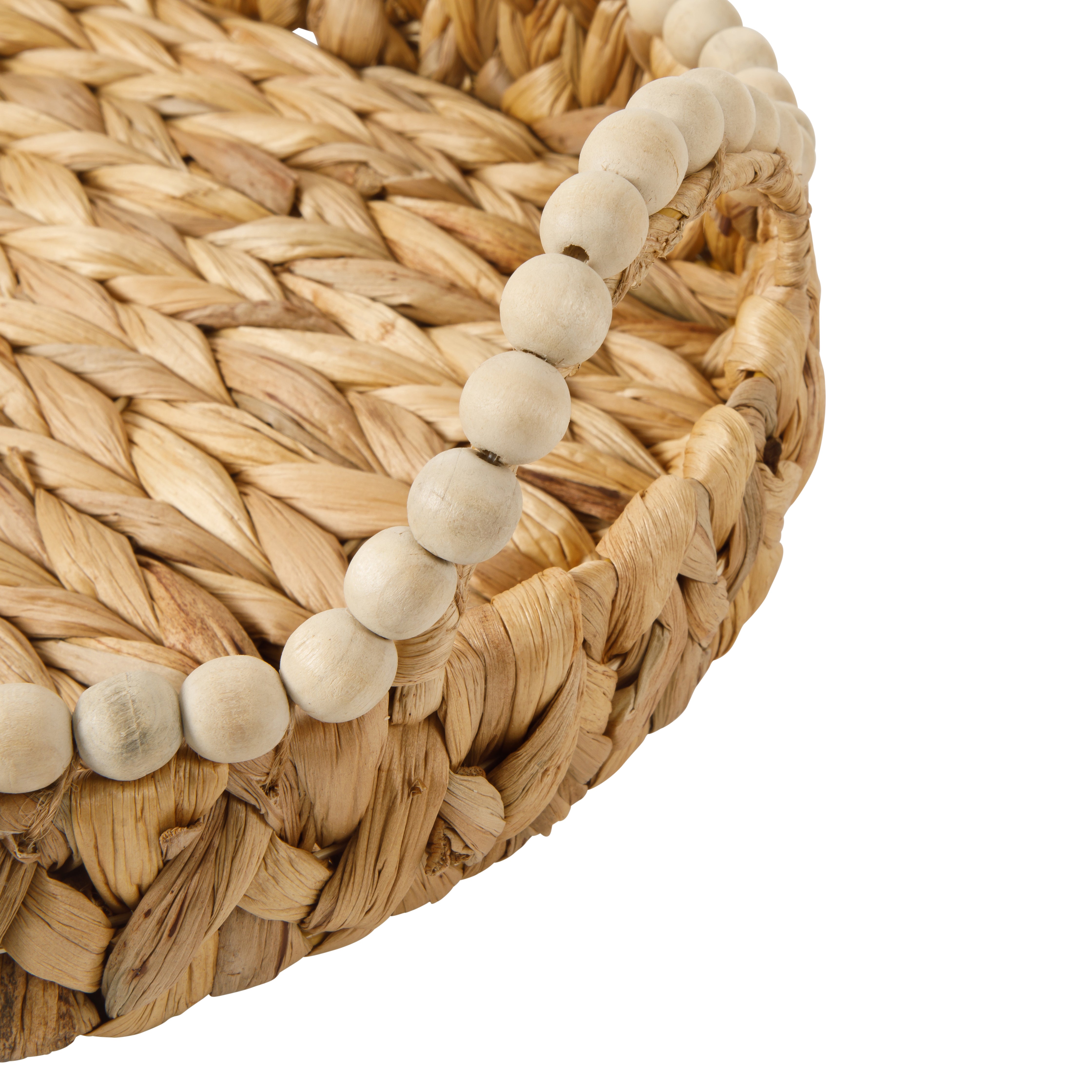 Gibson Home Riverrun Grove 17" Woven Decorative Serving Tray – Large Natural Water Hyacinth Basket w/ Wood-Bead Trim & Handles for Coffee Table Décor, Ottomans, Centerpieces & Kitchen Counter Display