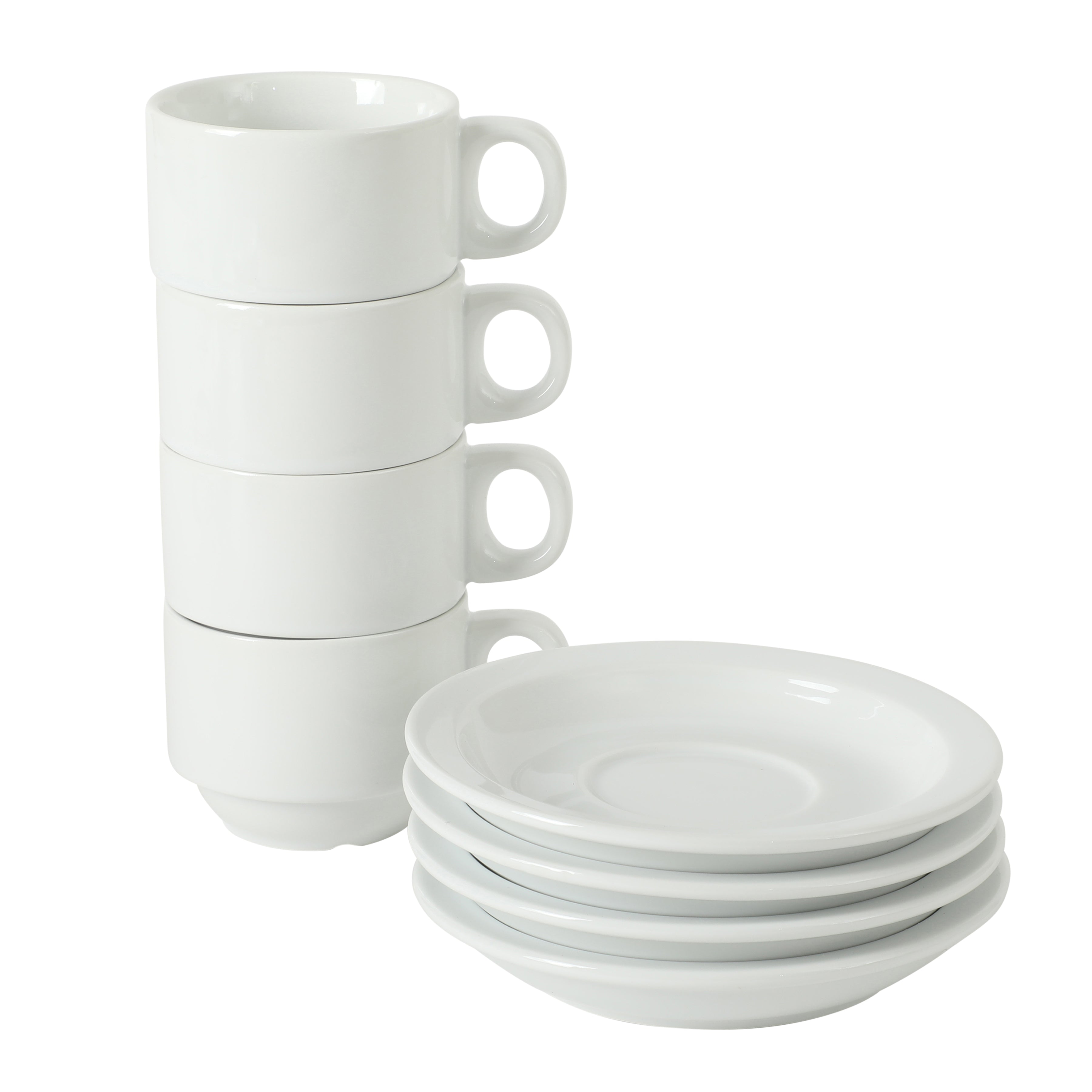 Gibson Home Gracious Dining 3-Ounce Espresso Cups Set of 4, Small Stackable Coffee Cups with 4 Saucers, Metal Stand, Ceramic Demitasse Mugs, Espresso Accessories for Machine