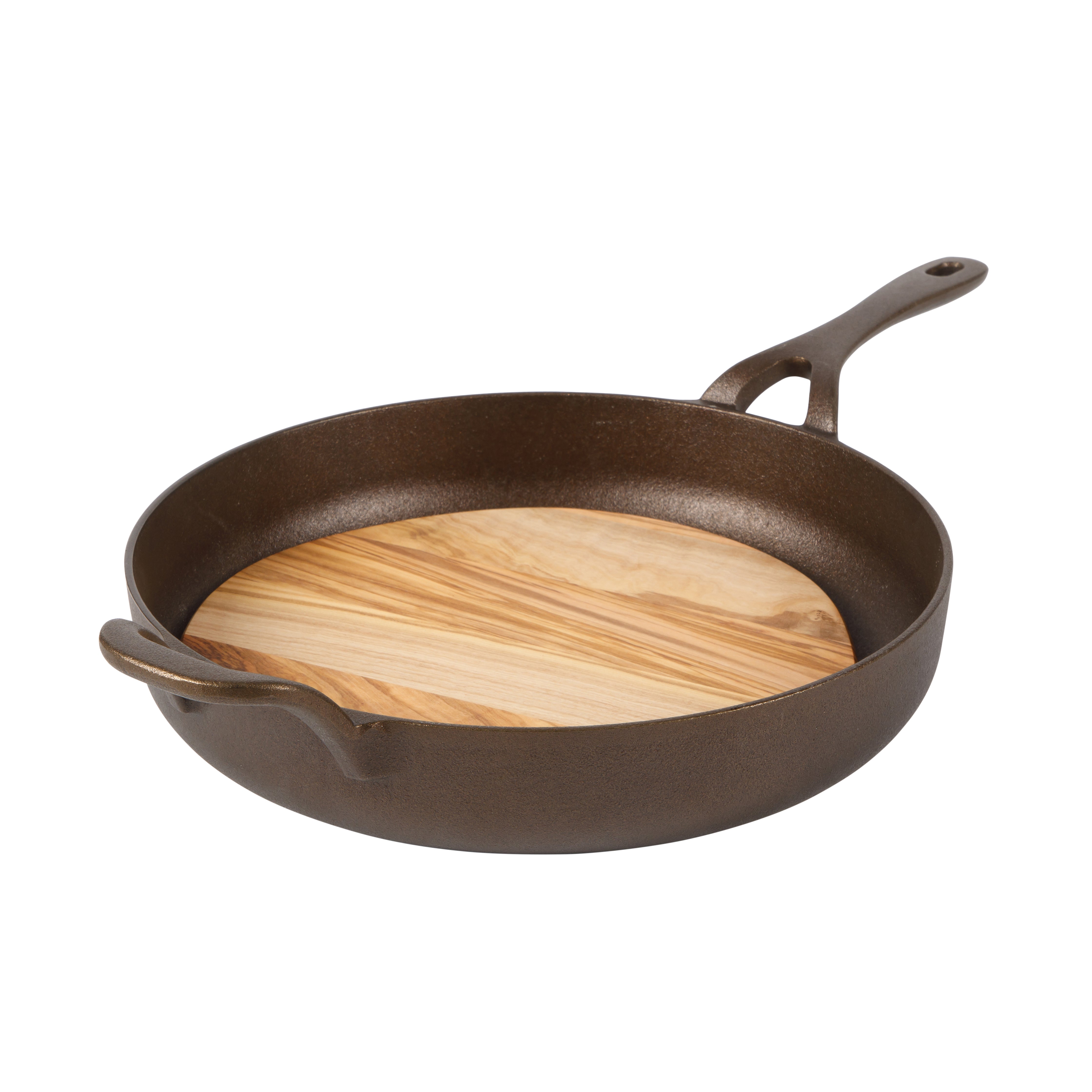 Bloomhouse Natural Bronze Finish Cast Iron Skillet with Long Handle, Helper Handle & Olive Wood Trivet – Olive Oil Treated Fry Pan, Oven & Stovetop Safe