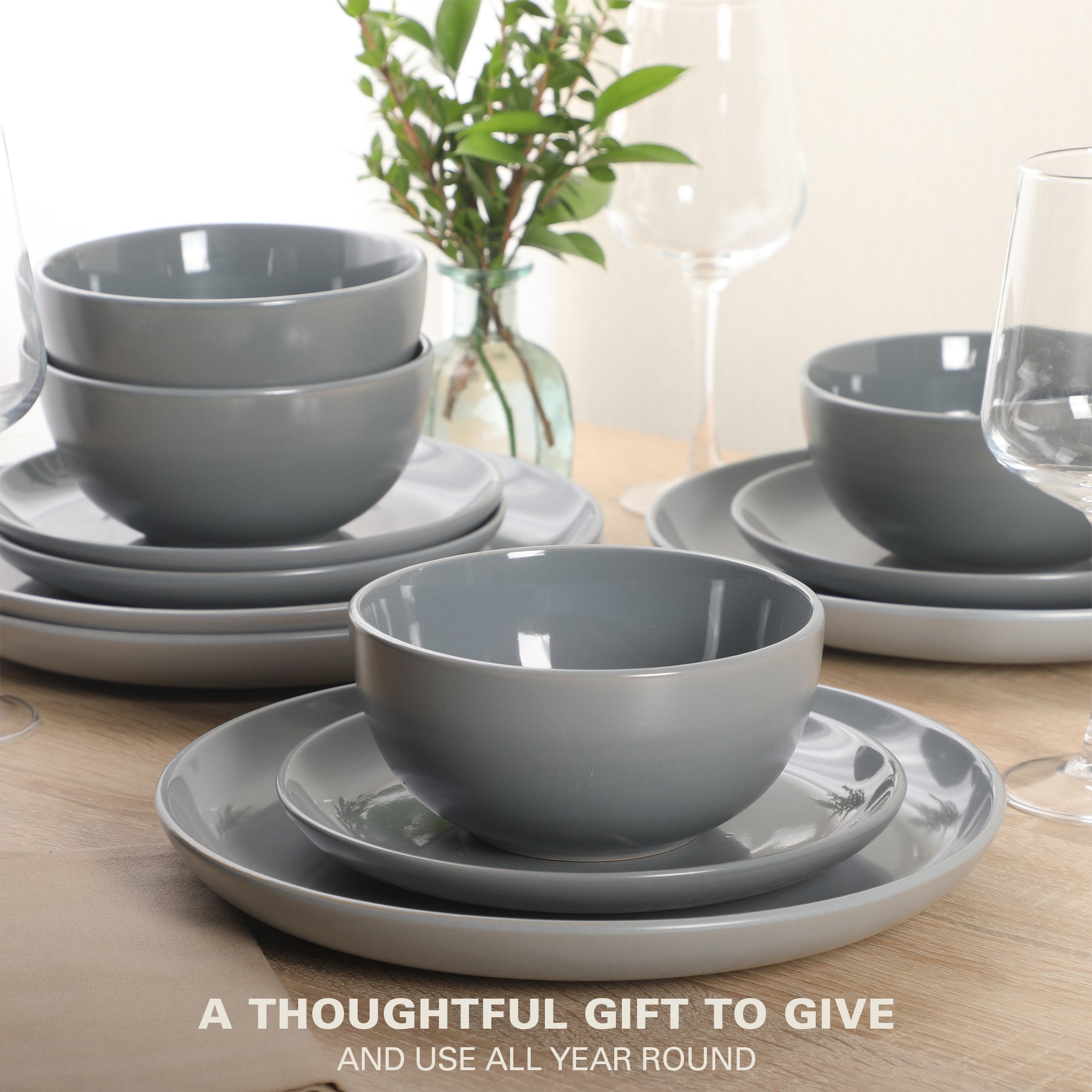 Gibson Home Rockaway 12 Piece Plates and Bowls Matte Outside/Shiny Inside Glaze Service for 4 Dinnerware Set - Brown - Dishwasher and Microwave Safe