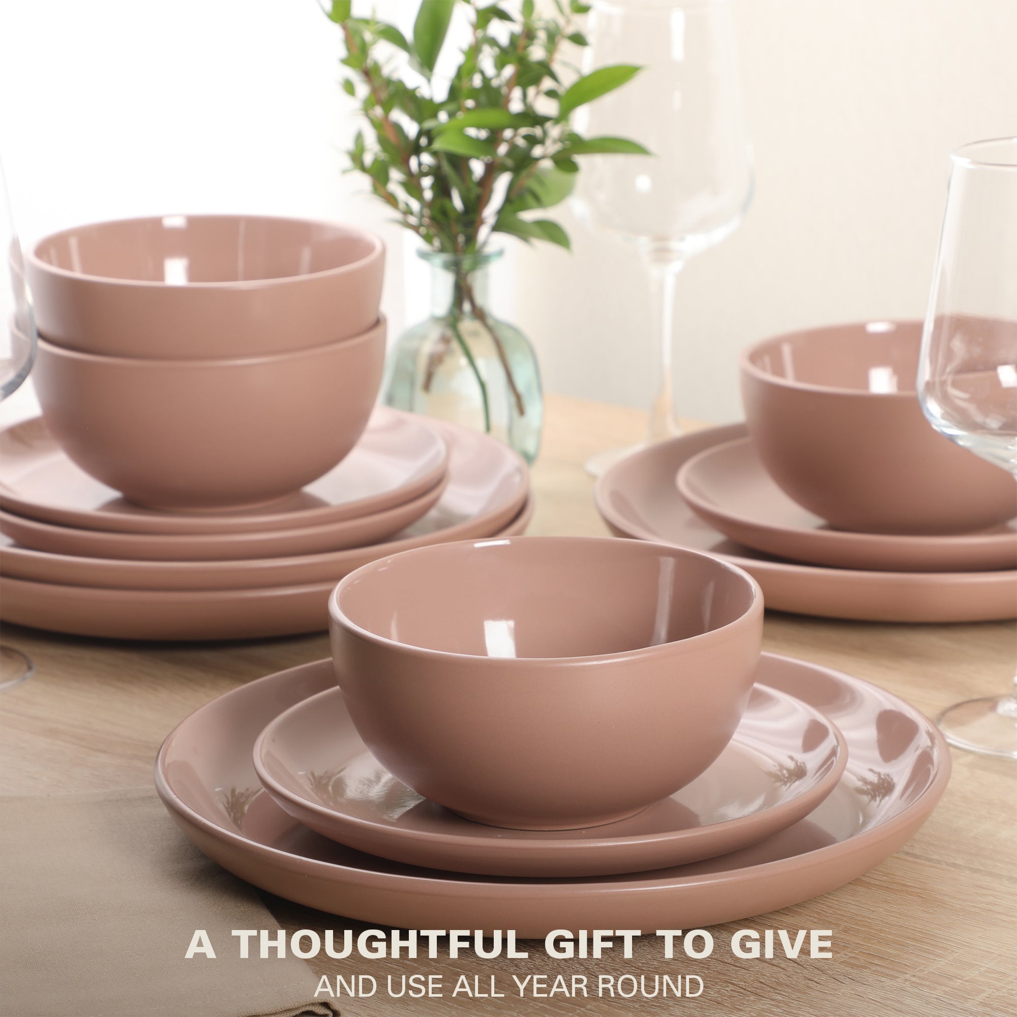 Gibson Home Rockaway 12 Piece Plates and Bowls Matte Outside/Shiny Inside Glaze Service for 4 Dinnerware Set - Brown - Dishwasher and Microwave Safe