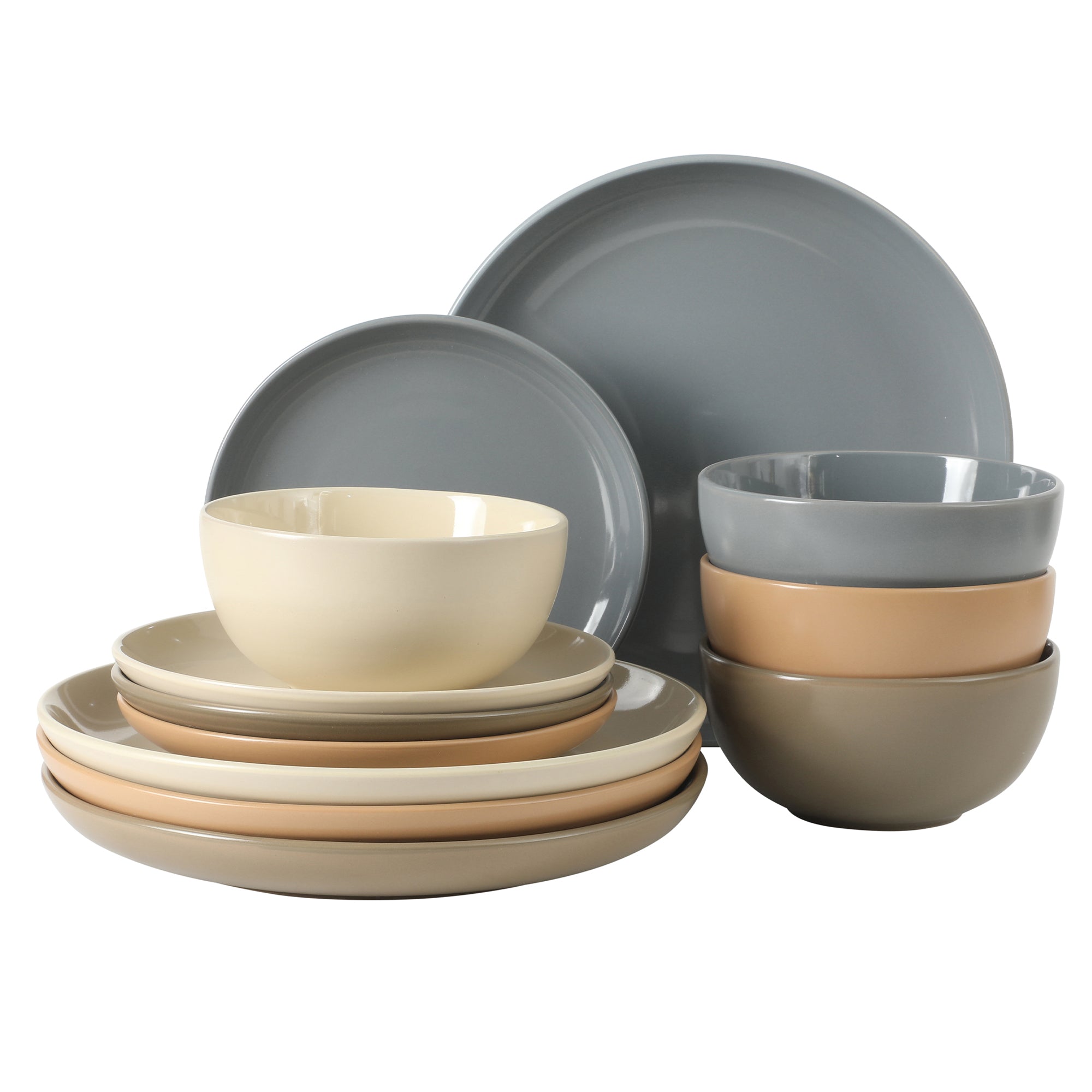 Gibson Home Rockaway 12 Piece Plates and Bowls Matte Outside/Shiny Inside Glaze Service for 4 Dinnerware Set - Brown - Dishwasher and Microwave Safe