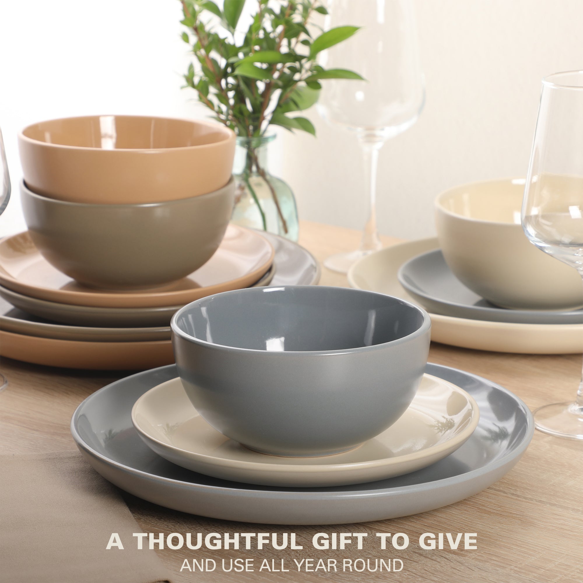 Gibson Home Rockaway 12 Piece Plates and Bowls Matte Outside/Shiny Inside Glaze Service for 4 Dinnerware Set - Brown - Dishwasher and Microwave Safe