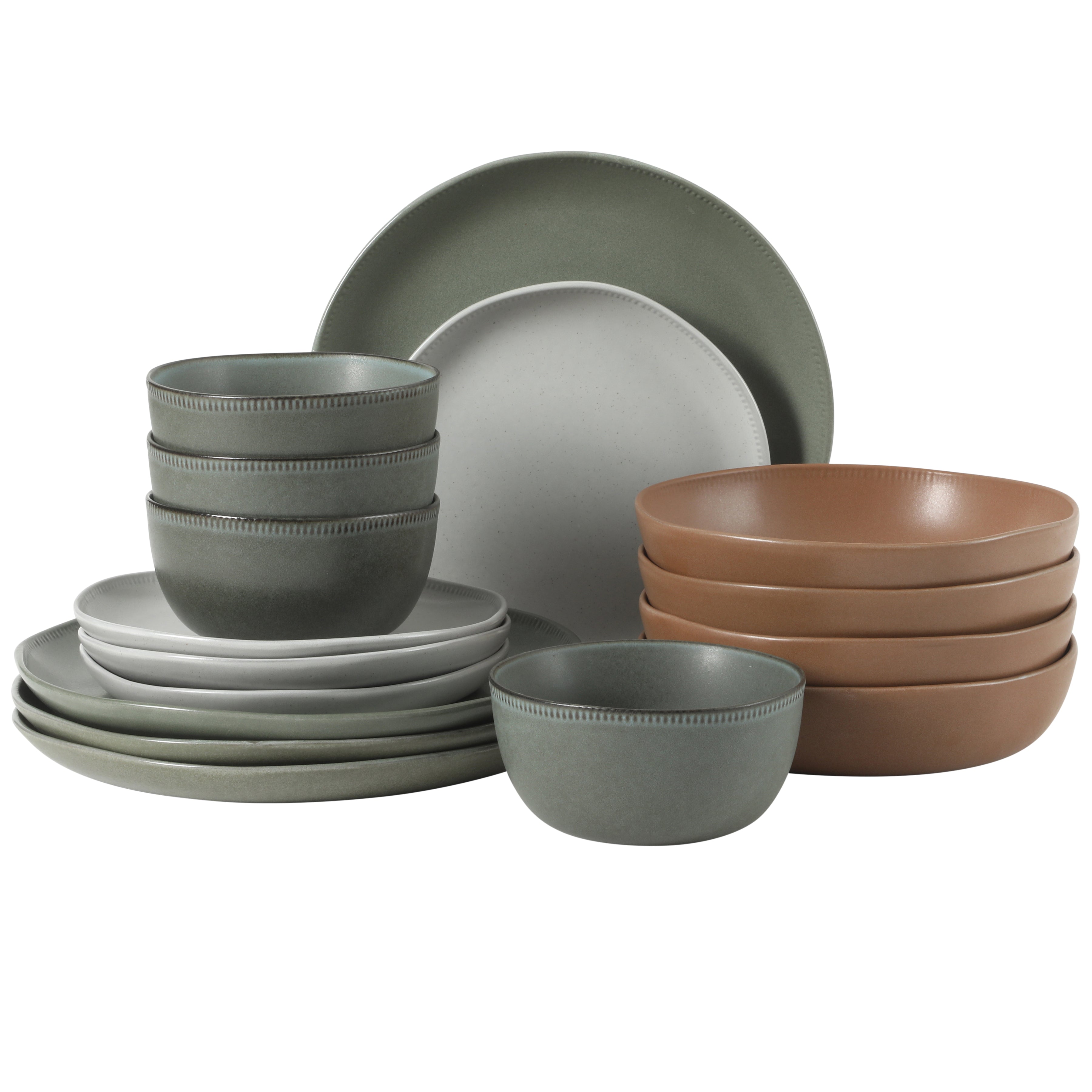 Gibson Elite Menlo Park 16-Piece Pottery Clay Stoneware Dinnerware Set –  Reactive Glaze, Embossed Plates and Bowls W/ Pasta Bowl, Service for 4 – Microwave & Dishwasher Safe