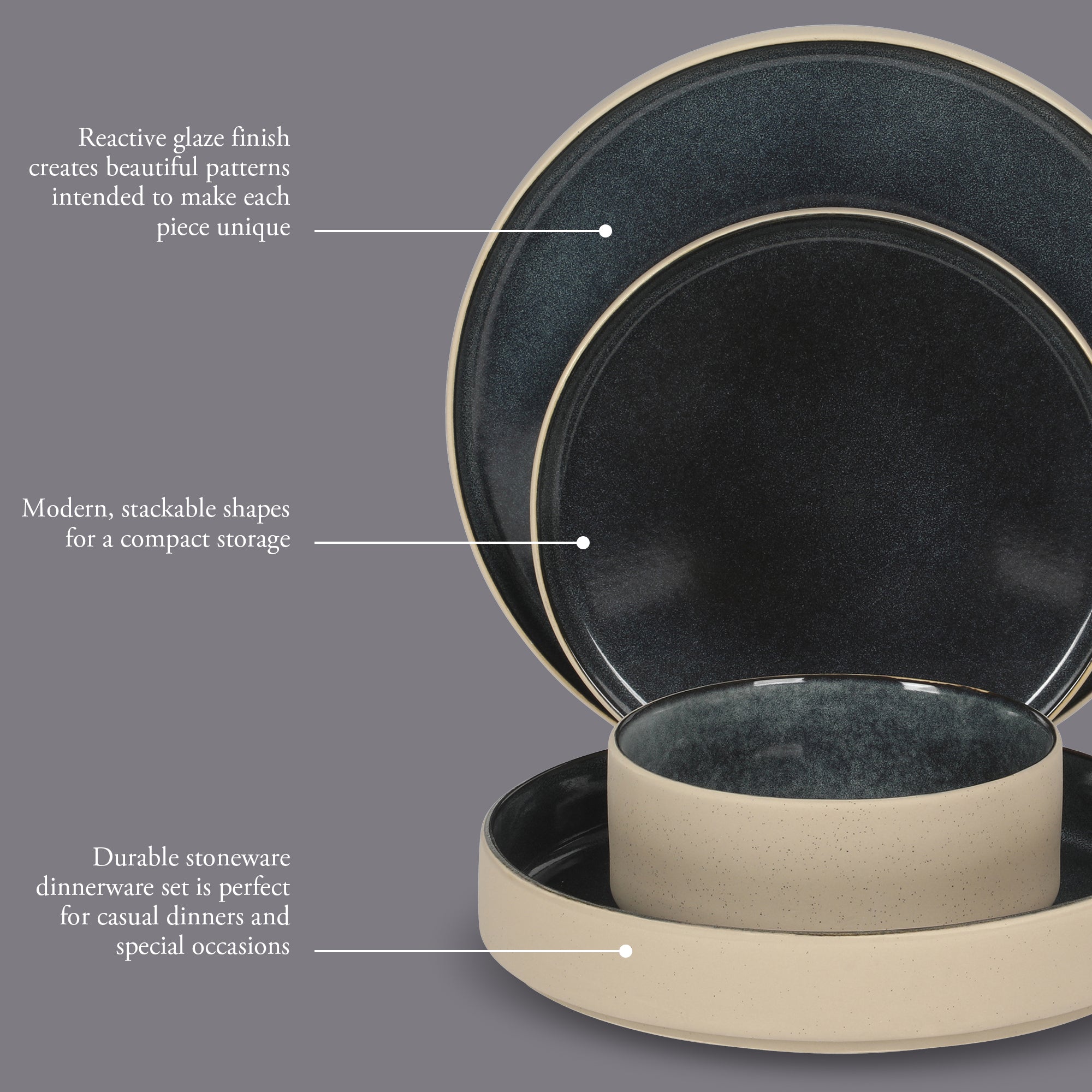 Gibson Elite Liberty Bay 16-Piece Pottery Clay Stoneware Dinnerware Set –  Reactive Glaze, Stackable Plates and Bowls W/ Pasta Bowl, Service for 4 – Microwave & Dishwasher Safe