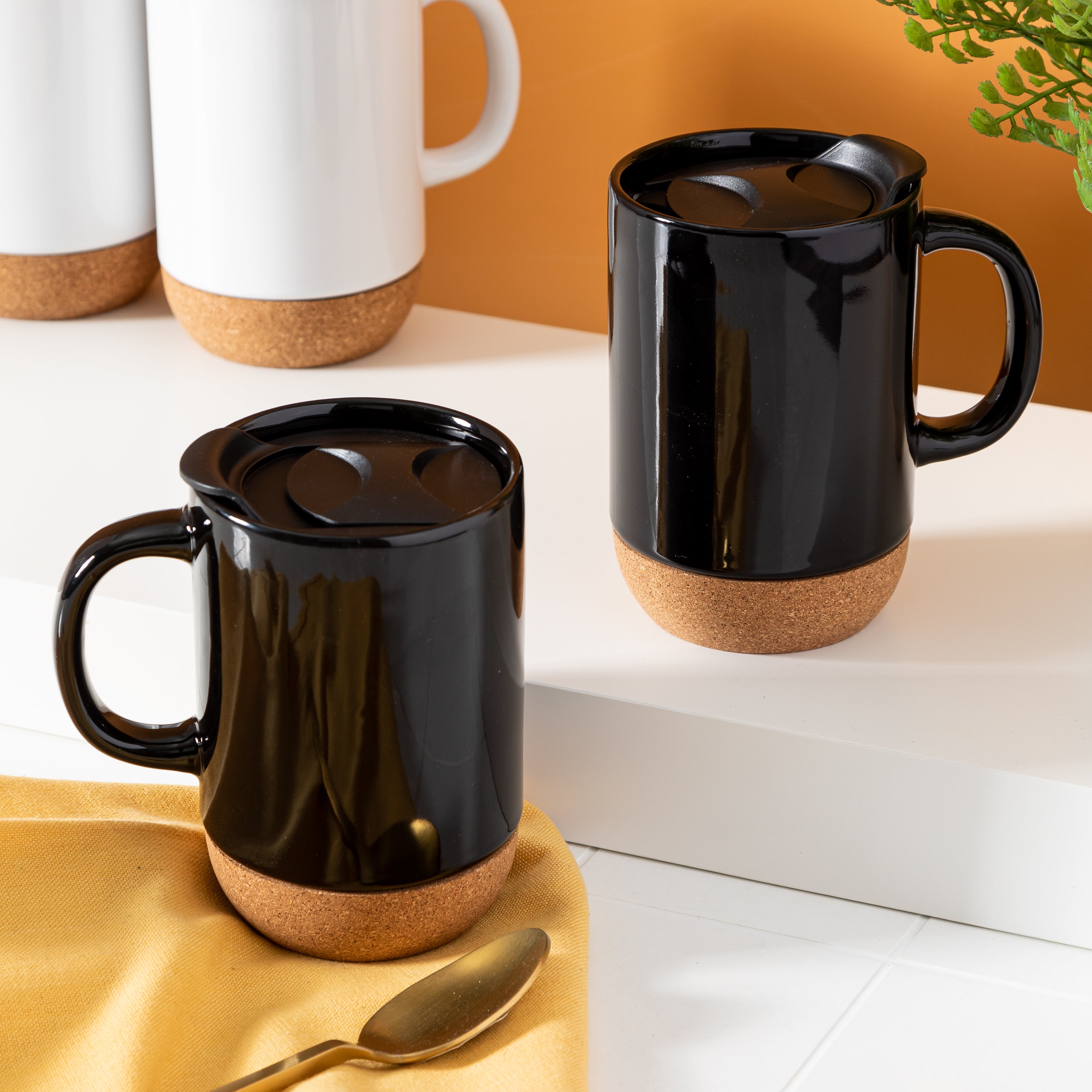 Gibson Home Modani 2 Pack Large 16.5 oz Ceramic Mugs Set with Removable Cork Bottom and Lid - Black