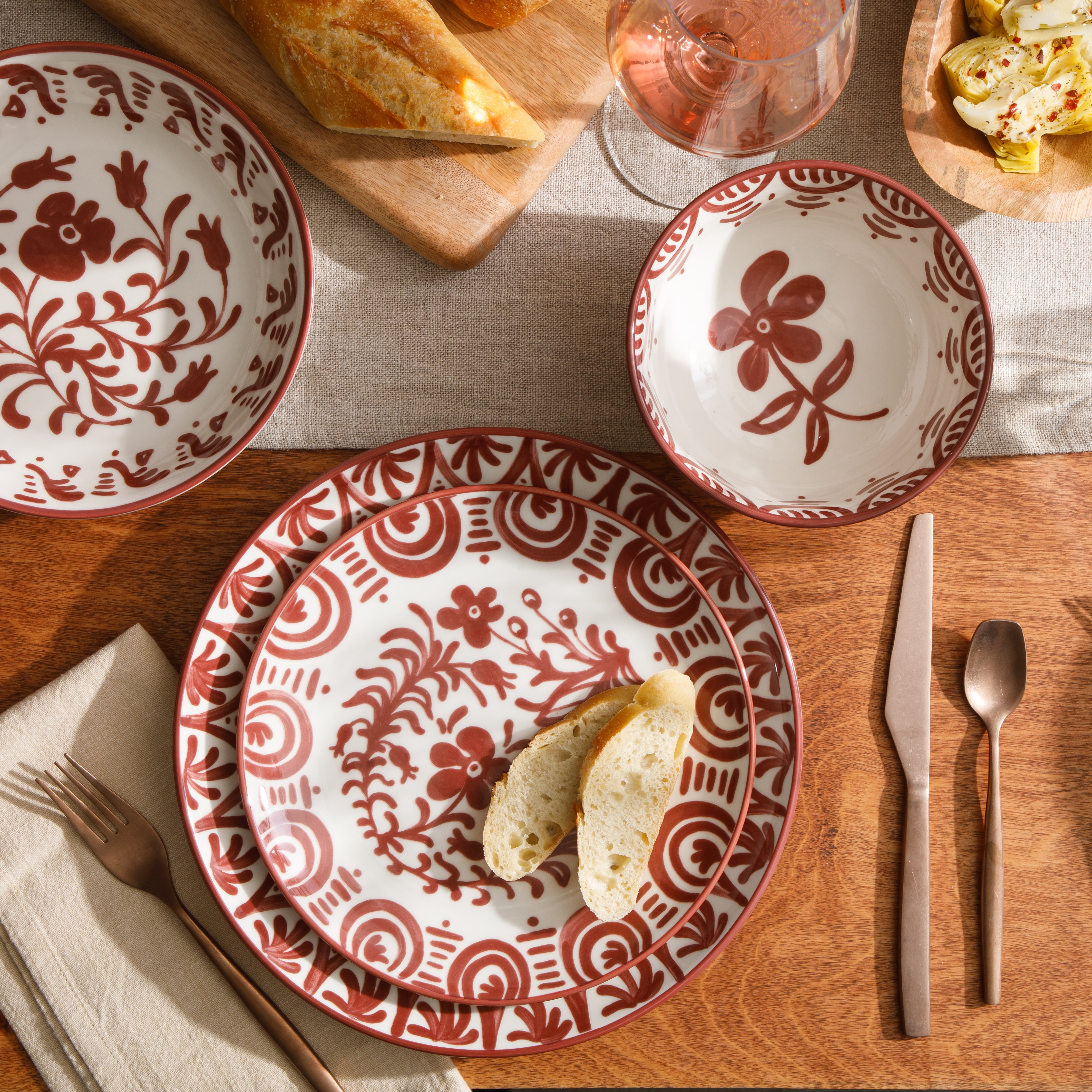 Bloomhouse - 2-Time Oprah’s Favorite Things - Valencia Flor 16 Piece Dinnerware Set, Artisanal Decorated Stoneware Plates & Bowls, Service for 4, Microwave & Dishwasher Safe, Iris Blue