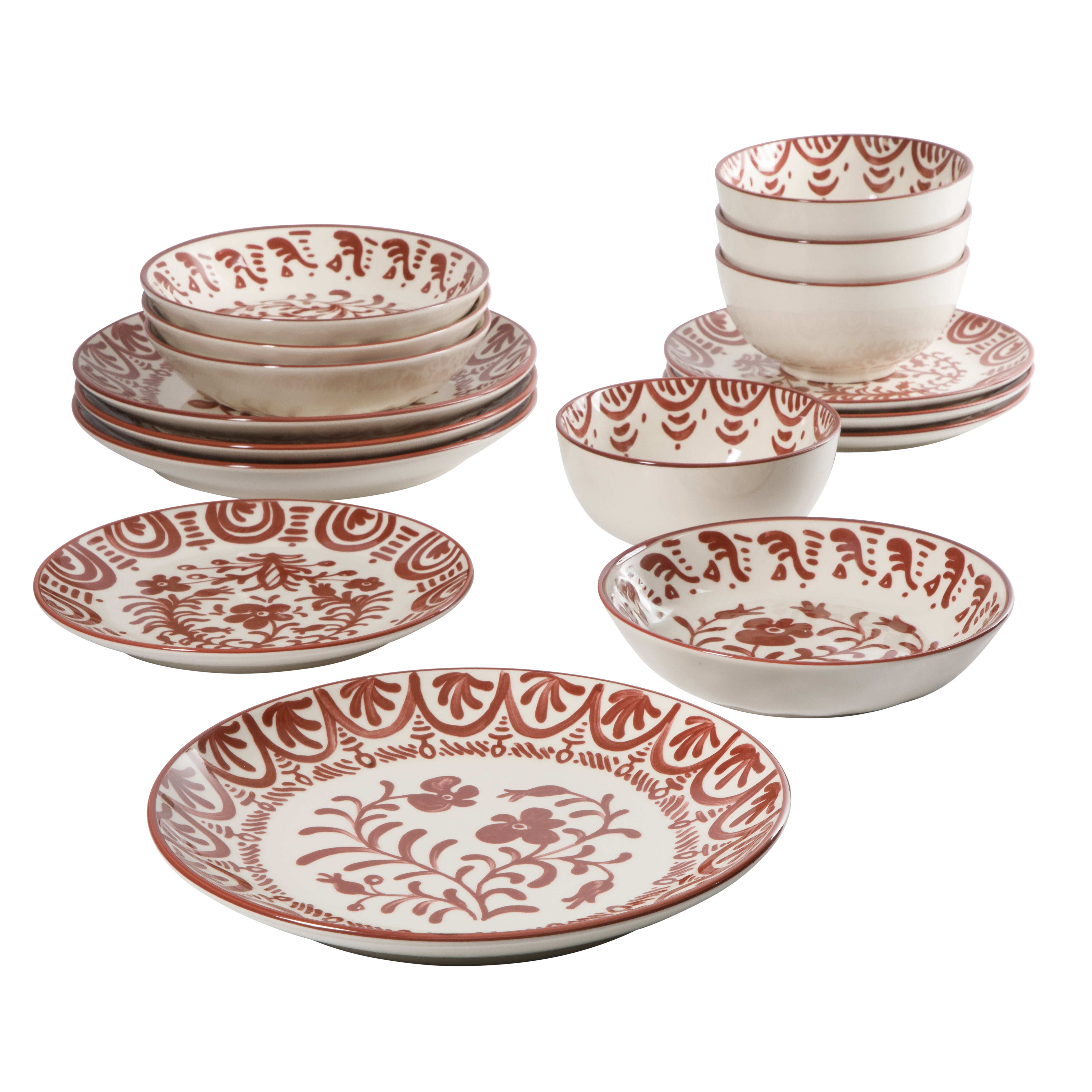Bloomhouse - 2-Time Oprah’s Favorite Things - Valencia Flor 16 Piece Dinnerware Set, Artisanal Decorated Stoneware Plates & Bowls, Service for 4, Microwave & Dishwasher Safe, Iris Blue