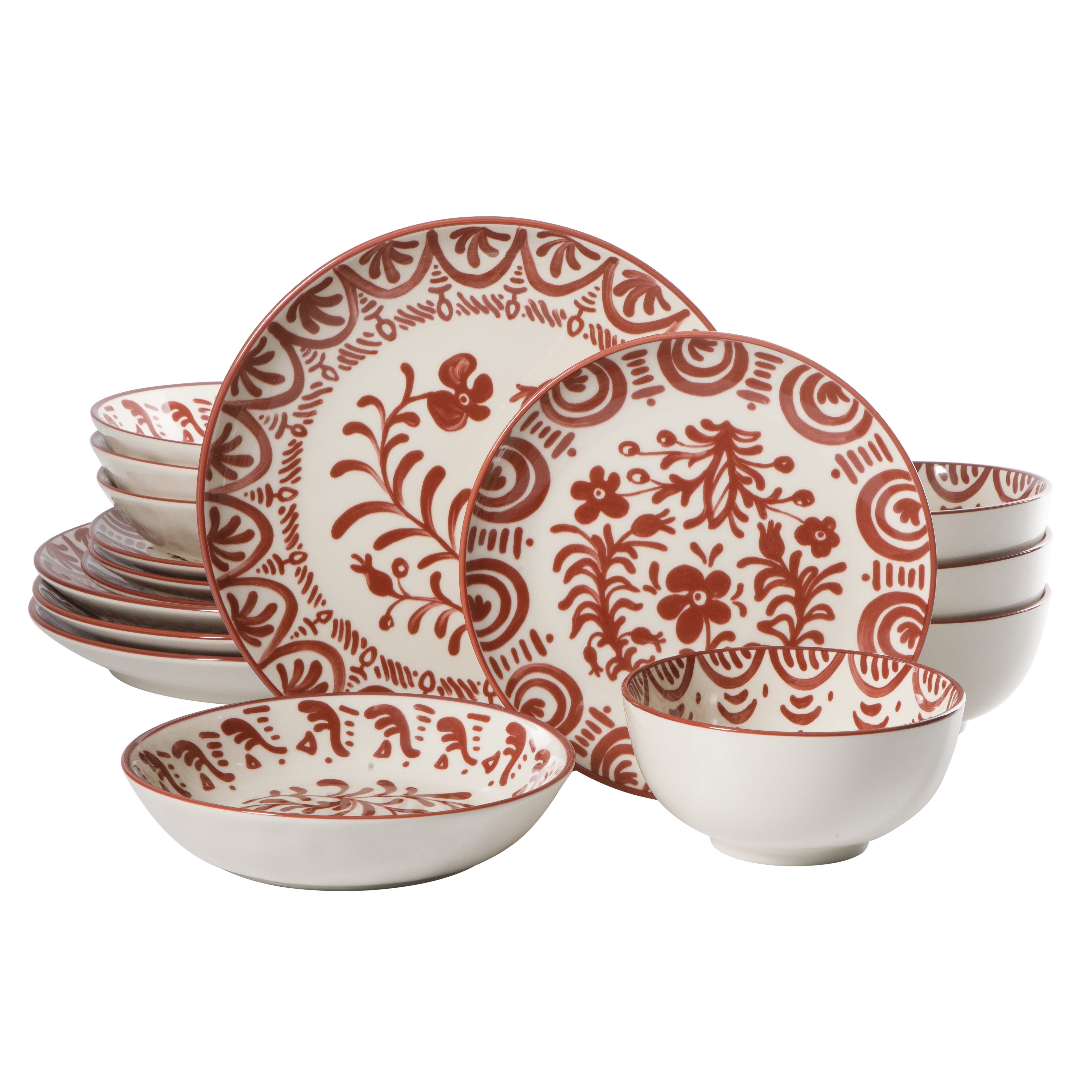 Bloomhouse - 2-Time Oprah’s Favorite Things - Valencia Flor 16 Piece Dinnerware Set, Artisanal Decorated Stoneware Plates & Bowls, Service for 4, Microwave & Dishwasher Safe, Iris Blue