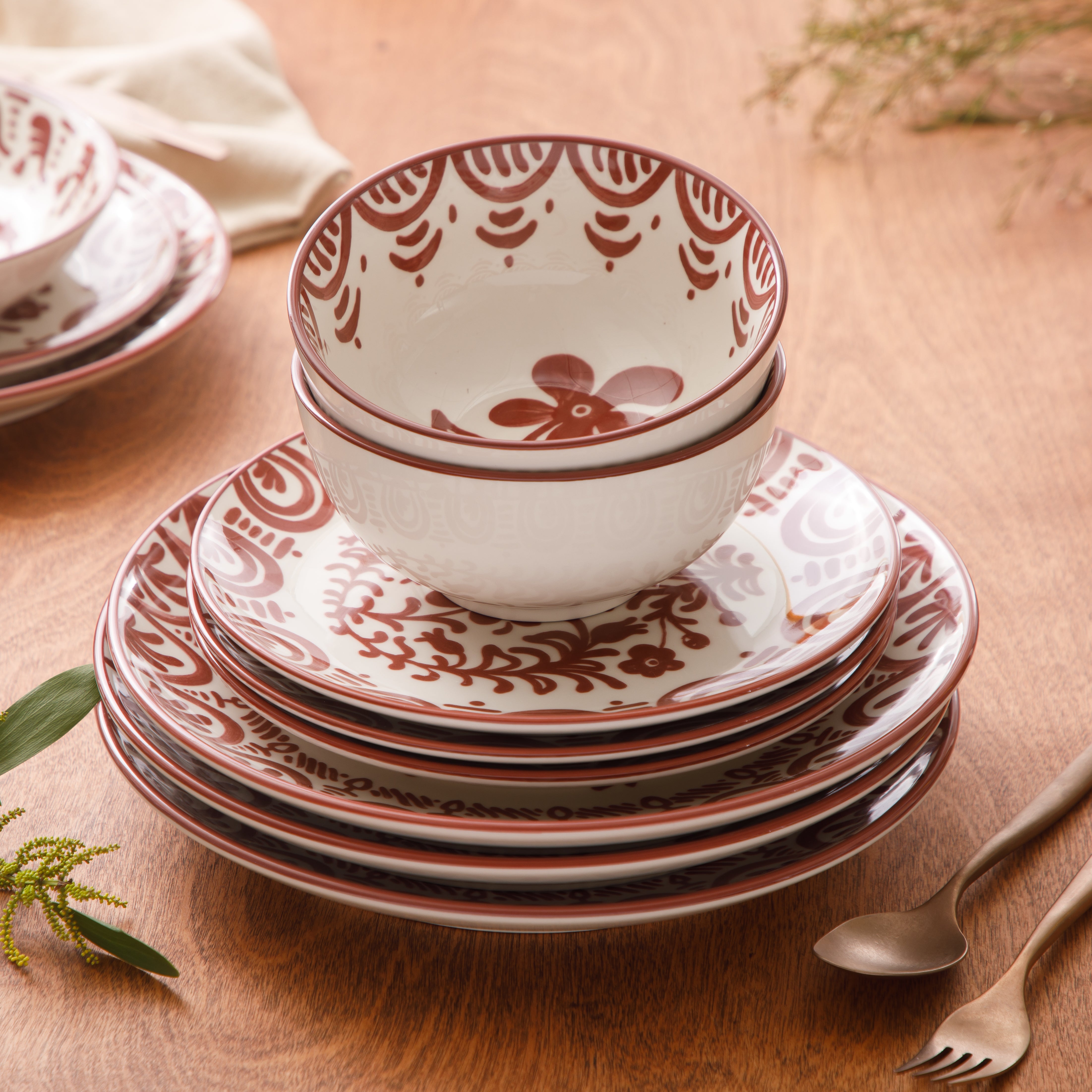 Bloomhouse - 2-Time Oprah’s Favorite Things - Valencia Flor 16 Piece Dinnerware Set, Artisanal Decorated Stoneware Plates & Bowls, Service for 4, Microwave & Dishwasher Safe, Iris Blue