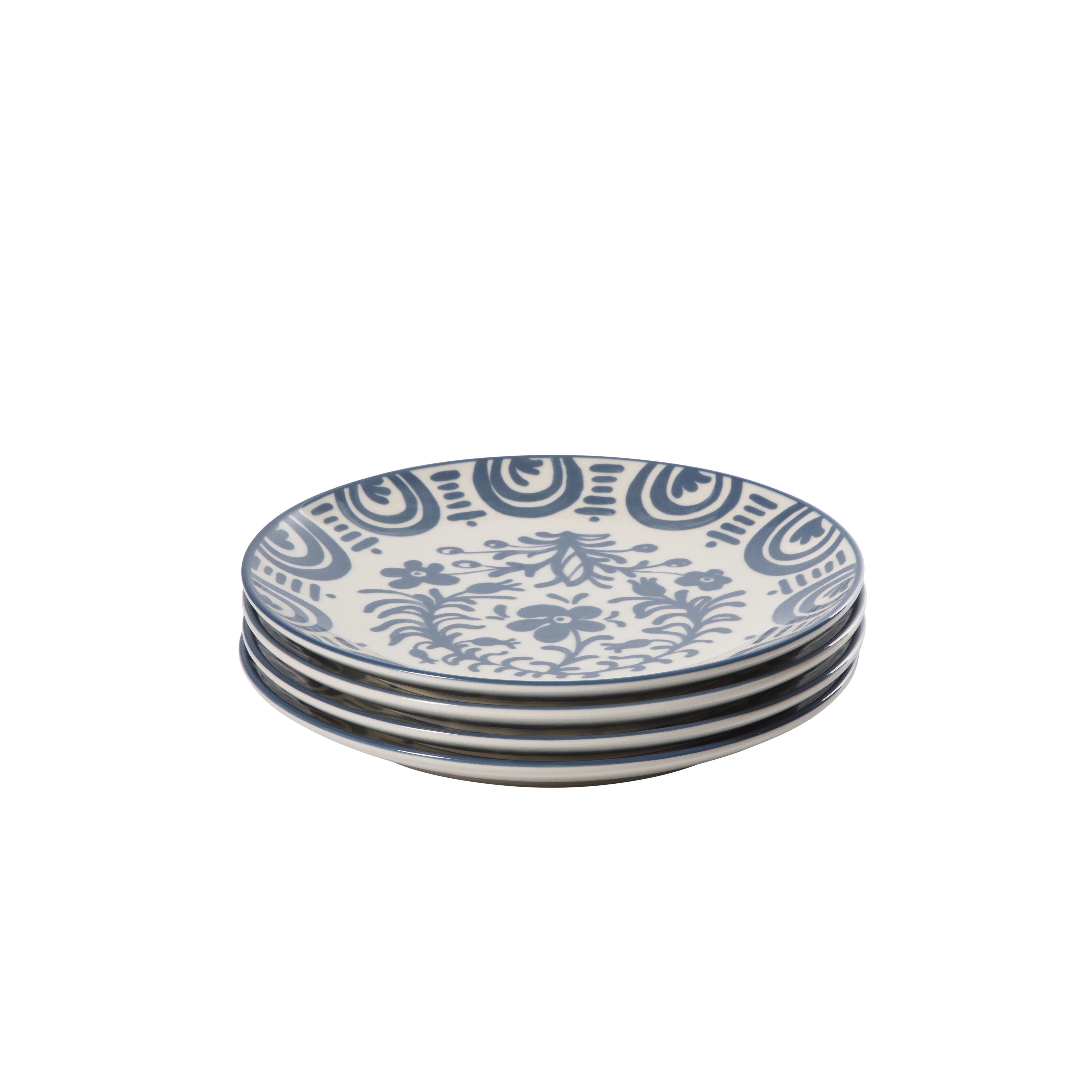 Bloomhouse - 2-Time Oprah’s Favorite Things - Valencia Flor 4 Piece Dessert & Salad Plate Set, 8.75” Stoneware Plates, Mediterranean Floral Decal Design, Microwave & Dishwasher Safe