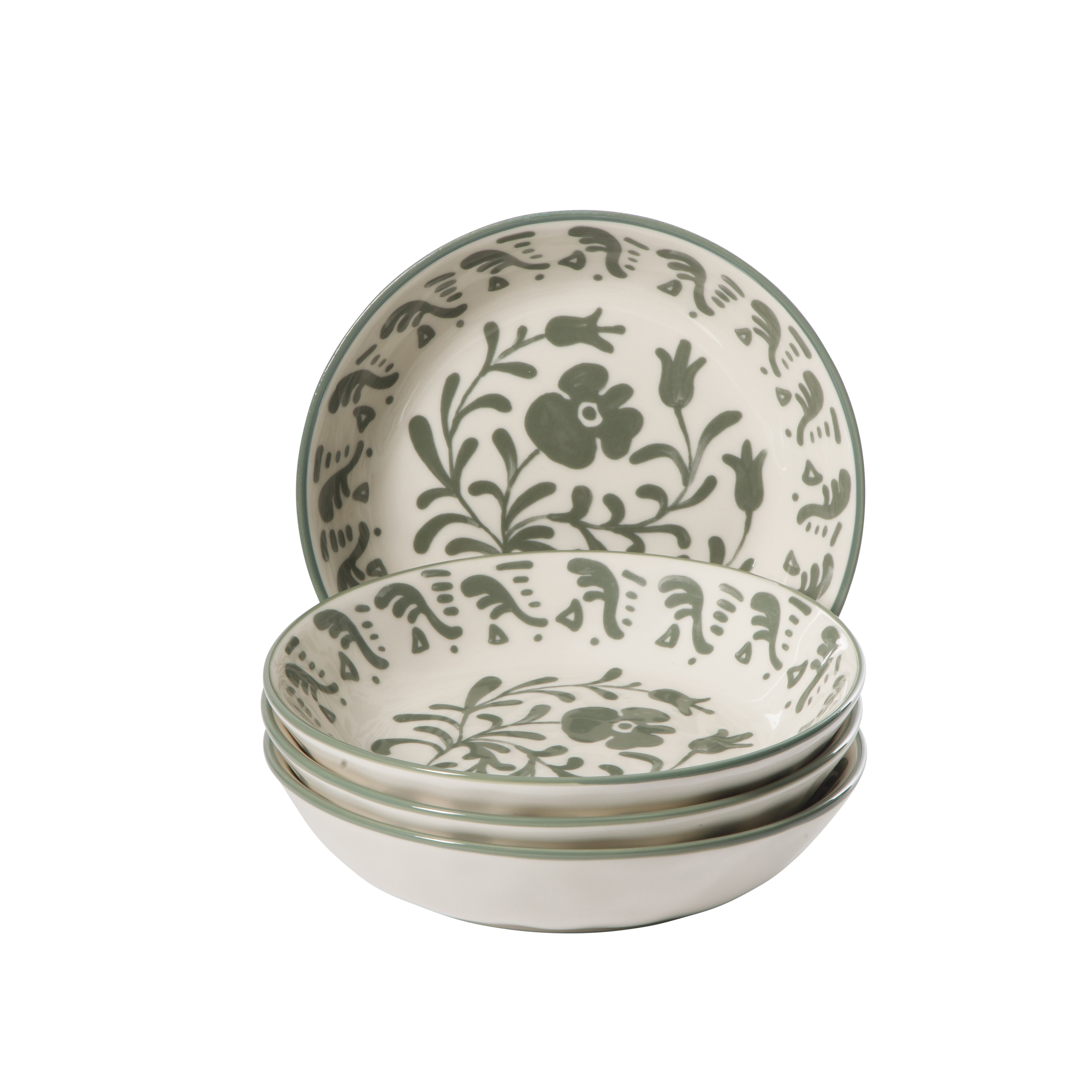 Bloomhouse - 2-Time Oprah’s Favorite Things - Valencia Flor 4 Piece Dinner Bowl Set, 8” Stoneware Pasta Bowls, Mediterranean Floral Decal Design, Microwave & Dishwasher Safe