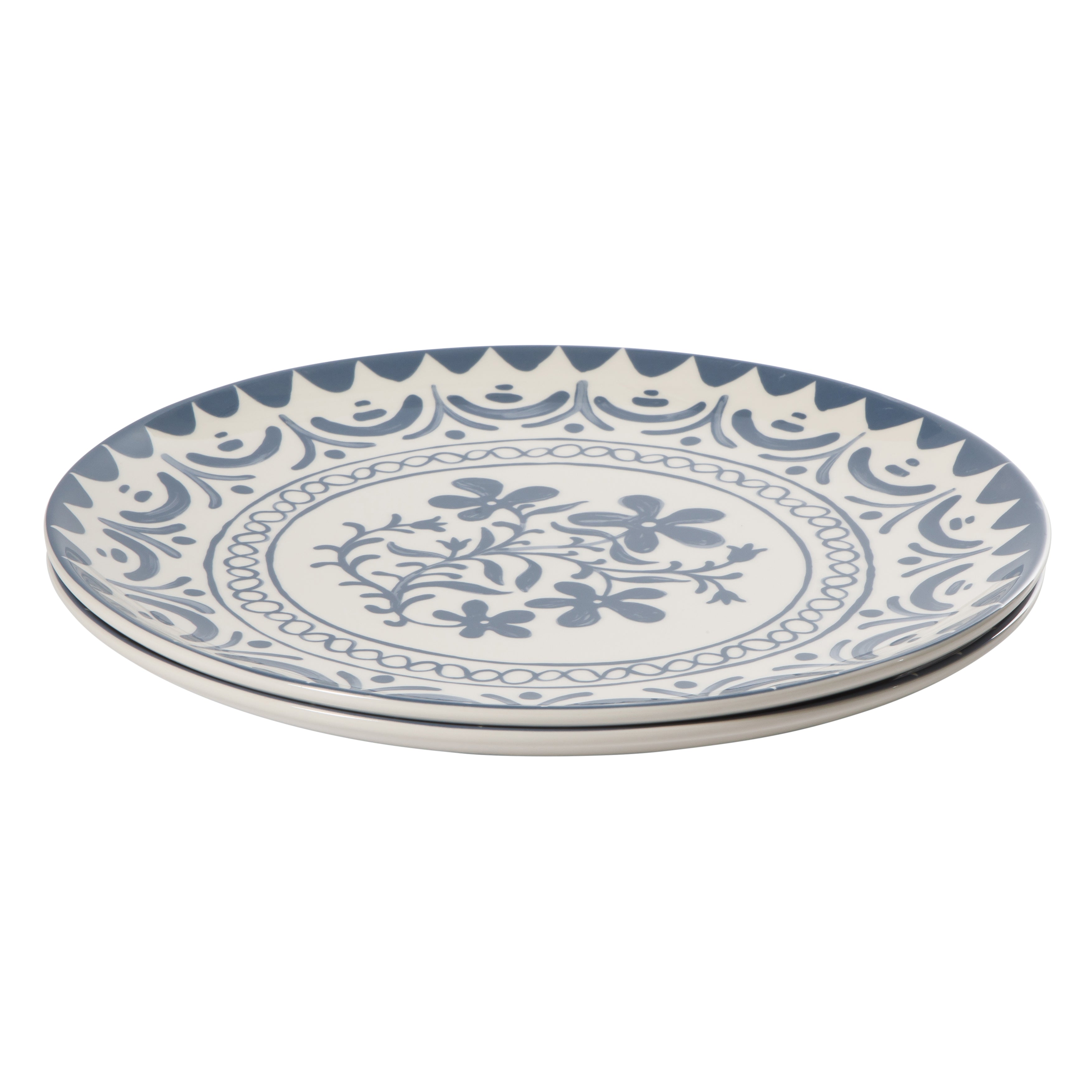 Bloomhouse - 2-Time Oprah’s Favorite Things - Valencia Flor 2 Piece 13” Serving Platter Set, Stoneware Platters, Mediterranean Floral Decal Design, Microwave & Dishwasher Safe, Iris Blue