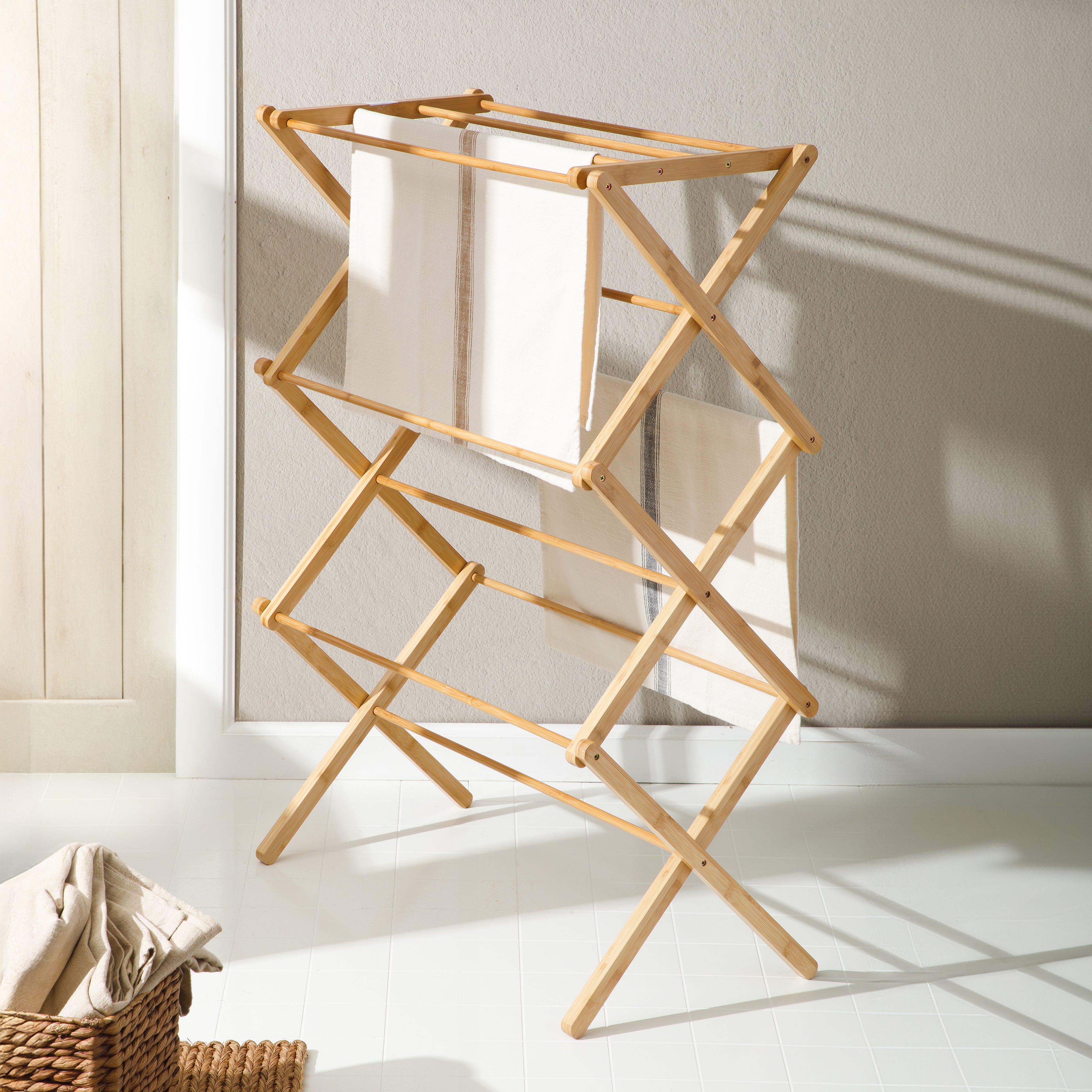 Gibson Home Riverrun Foldable Bamboo Drying Rack for Clothes & Towels – 2-Tier Collapsible Laundry Drying Rack, Space-Saving Air Dry Stand for Clothes, Towels, Blankets, etc for Indoor & Outdoor Use