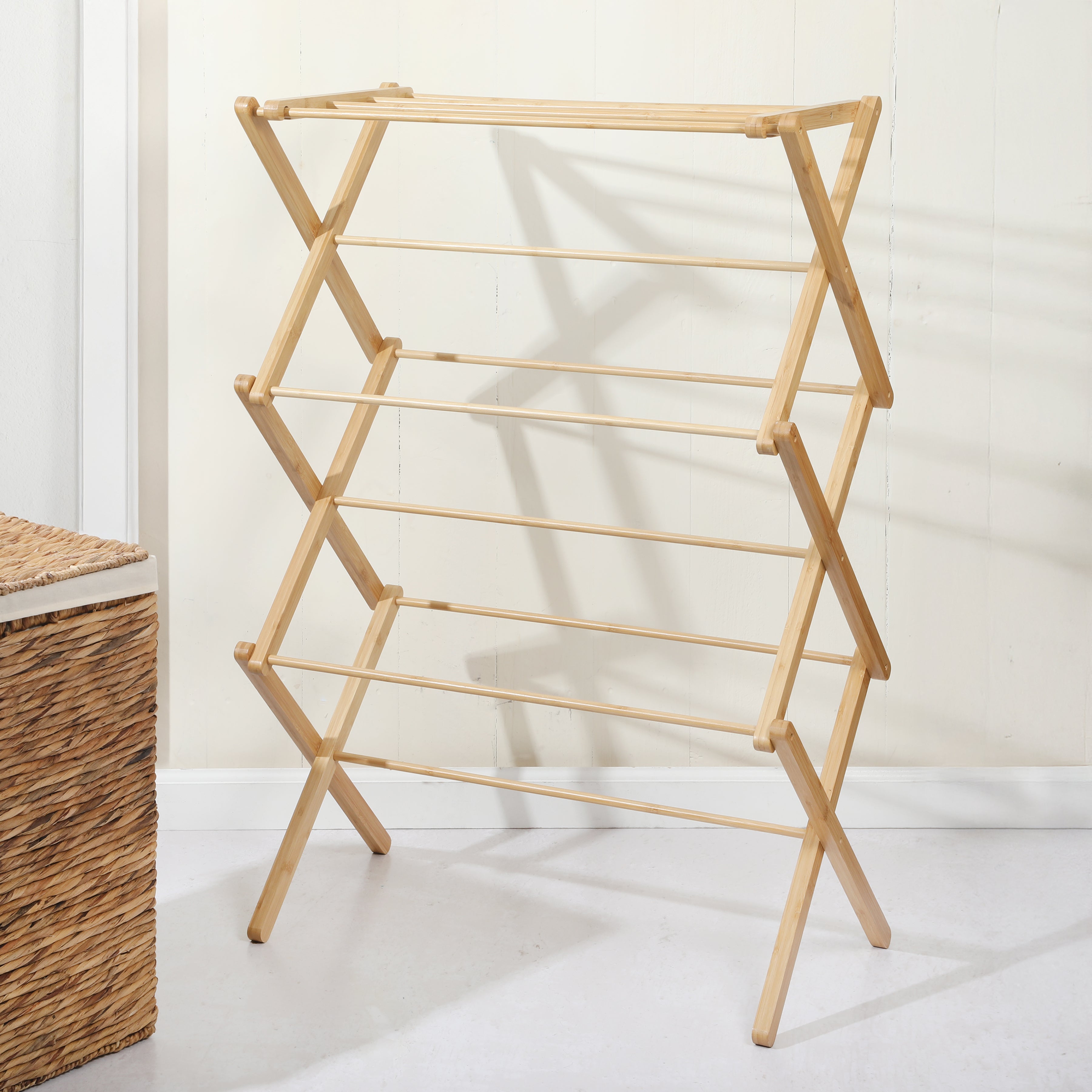 Gibson Home Riverrun Foldable Bamboo Drying Rack for Clothes & Towels – 2-Tier Collapsible Laundry Drying Rack, Space-Saving Air Dry Stand for Clothes, Towels, Blankets, etc for Indoor & Outdoor Use