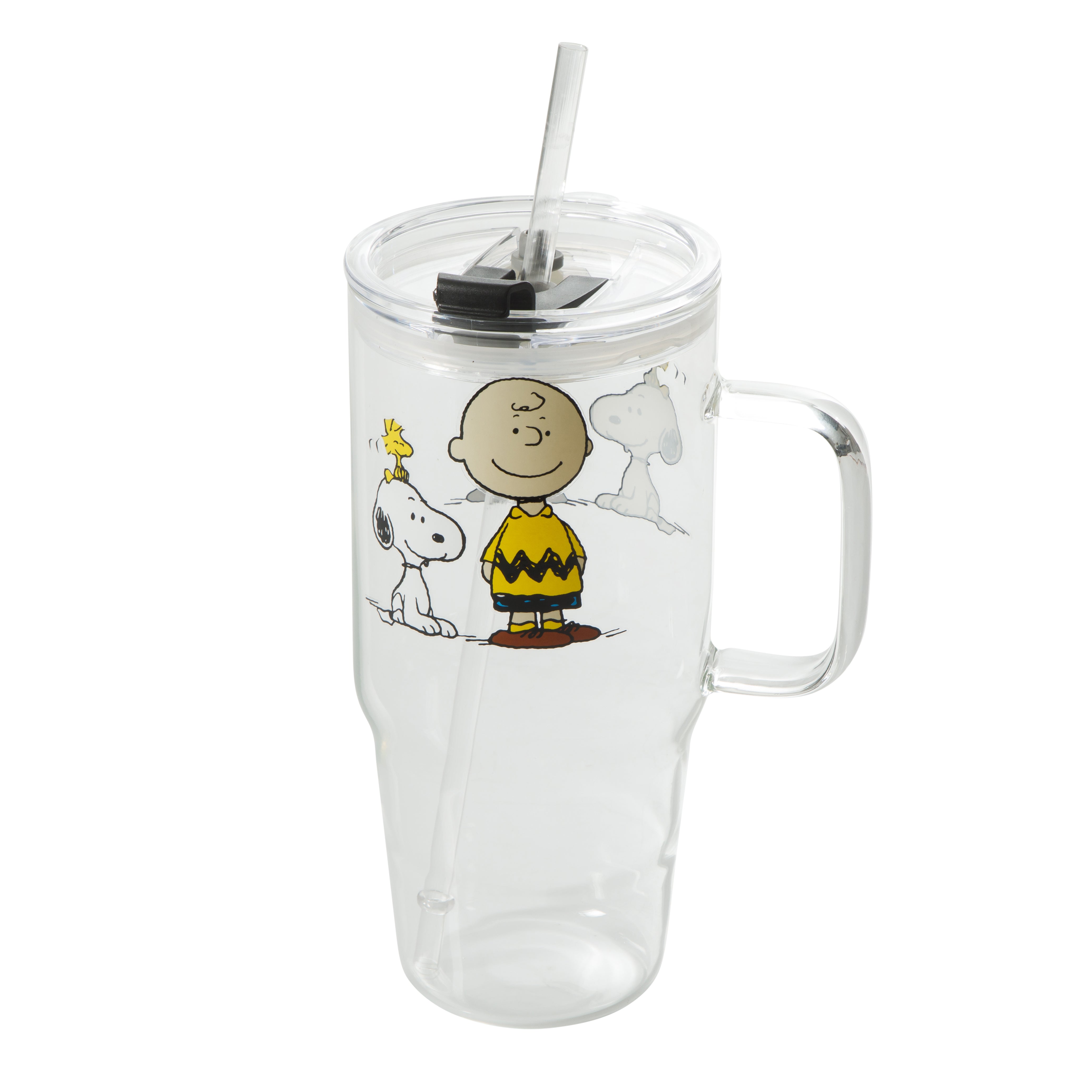 Peanuts Snoopy Glass Cups with Lids and Straws - 40 Oz Tumbler with Handle and Straw Glass Water Bottles Drinking Glasses with Straws Iced Coffee Cups Travel Coffee Mug Smoothie Tumbler