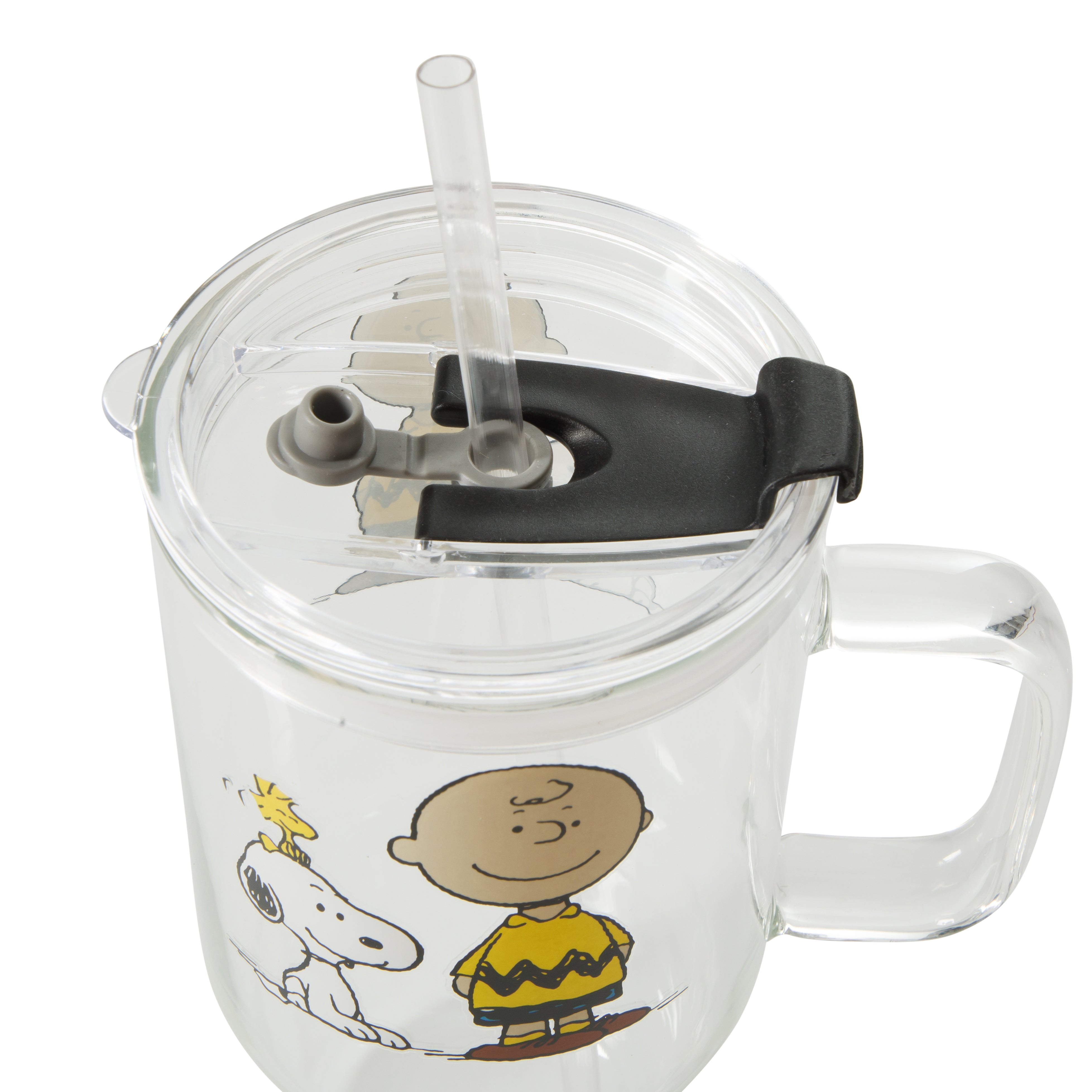 Peanuts Snoopy Glass Cups with Lids and Straws - 40 Oz Tumbler with Handle and Straw Glass Water Bottles Drinking Glasses with Straws Iced Coffee Cups Travel Coffee Mug Smoothie Tumbler