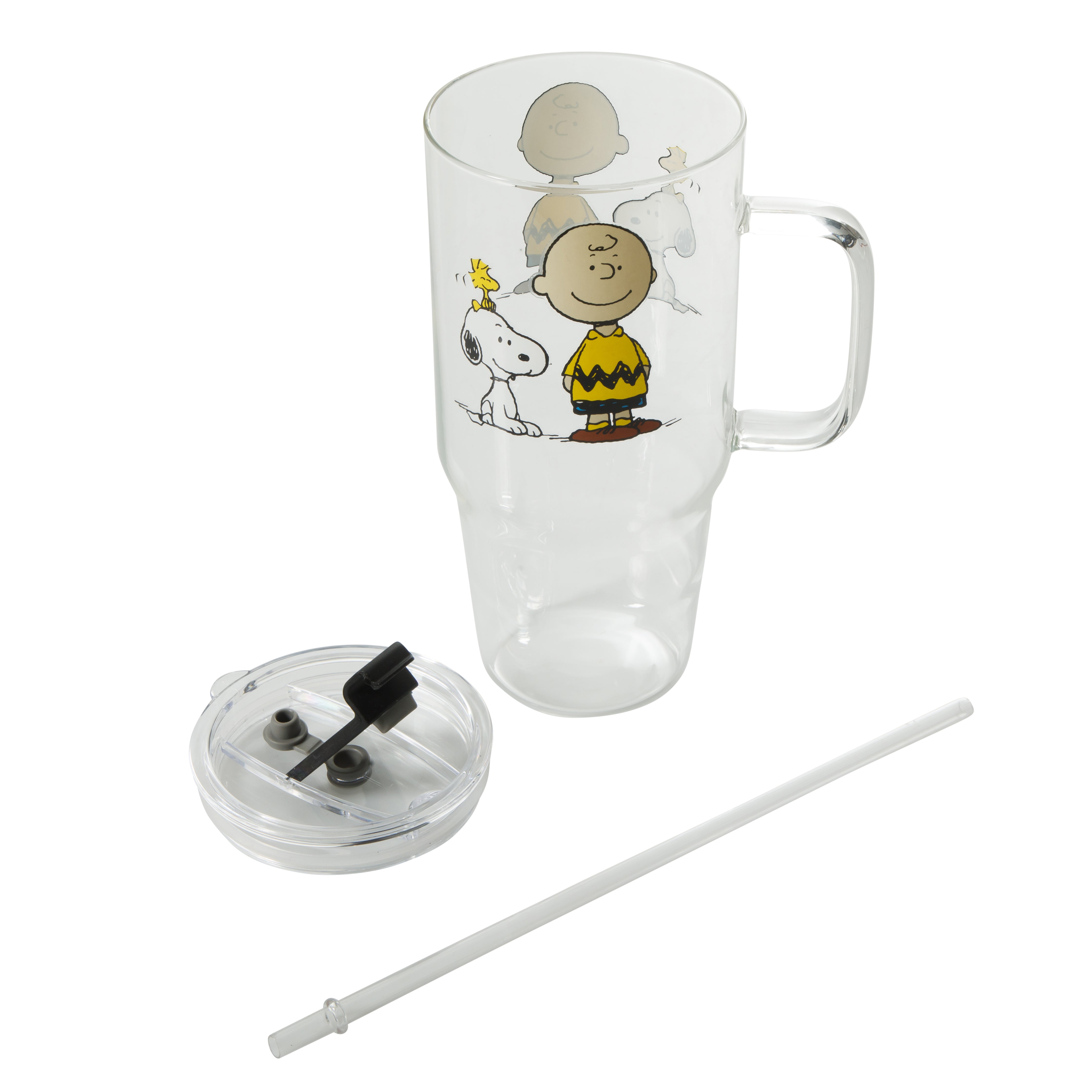 Peanuts Snoopy Glass Cups with Lids and Straws - 40 Oz Tumbler with Handle and Straw Glass Water Bottles Drinking Glasses with Straws Iced Coffee Cups Travel Coffee Mug Smoothie Tumbler