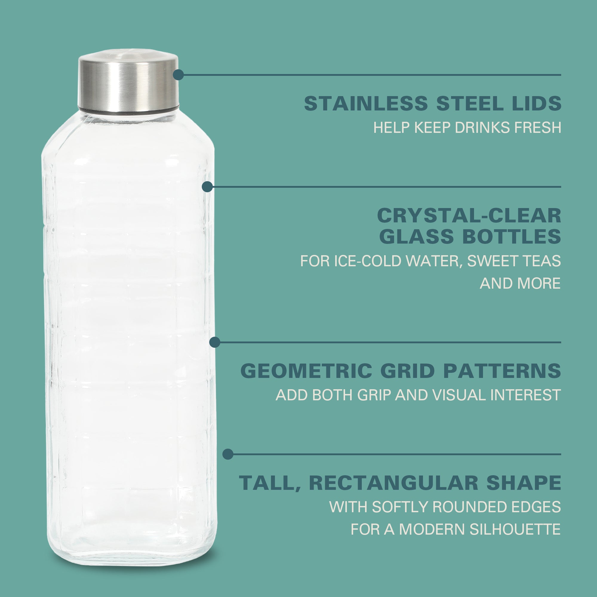 Gibson Home Whistler Peak 2 Piece Large Embossed Reusable Glassed Bottles W/ Airtight Leakproof Stainless Steel Lid, Pitcher for Water, Milk, Juice - Dishwasher Safe