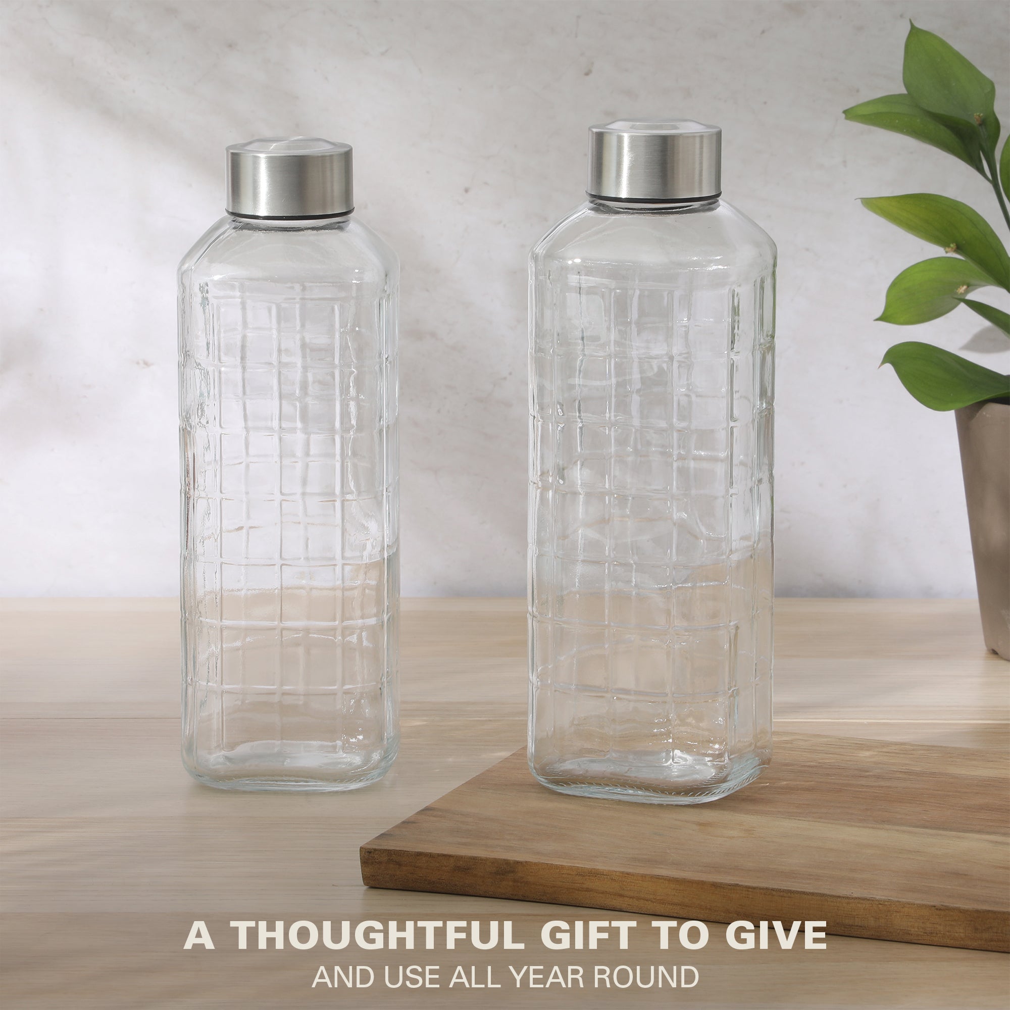 Gibson Home Whistler Peak 2 Piece Large Embossed Reusable Glassed Bottles W/ Airtight Leakproof Stainless Steel Lid, Pitcher for Water, Milk, Juice - Dishwasher Safe