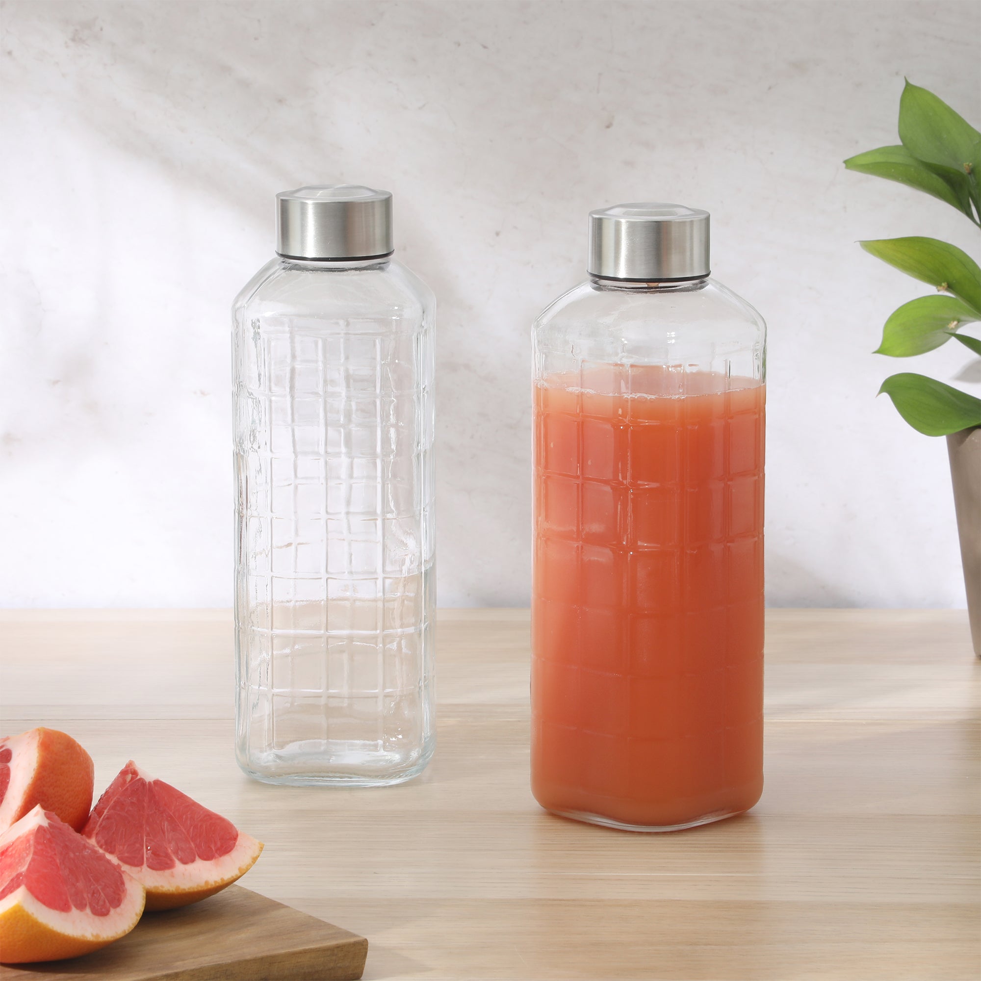 Gibson Home Whistler Peak 2 Piece Large Embossed Reusable Glassed Bottles W/ Airtight Leakproof Stainless Steel Lid, Pitcher for Water, Milk, Juice - Dishwasher Safe