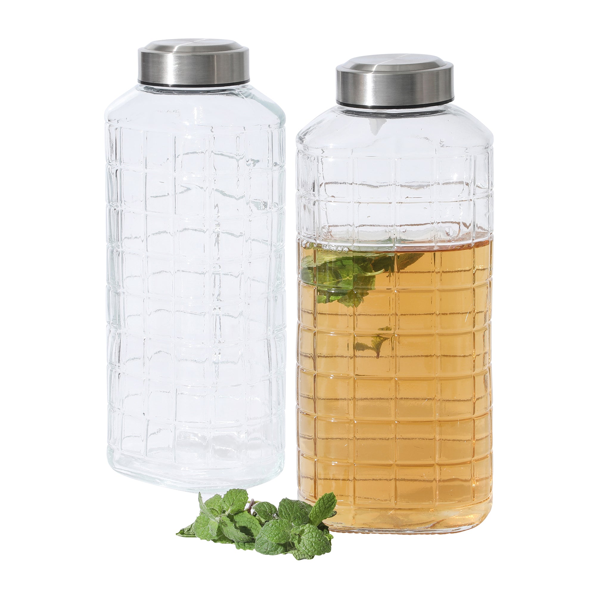 Gibson Home Whistler Peak 2 Piece Large Embossed Reusable Glassed Bottles W/ Airtight Leakproof Stainless Steel Lid, Pitcher for Water, Milk, Juice - Dishwasher Safe